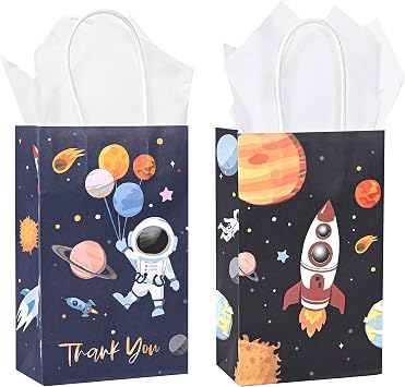 36 Pack Small Outer Space Galaxy Themed Gift Bags with Handles and White Tissue Paper for Boys Girls Kids Birthday Party Favors Treats Goodies, 9x5.5x3.15 Inch Rocket & Astronaut Assorted Designs