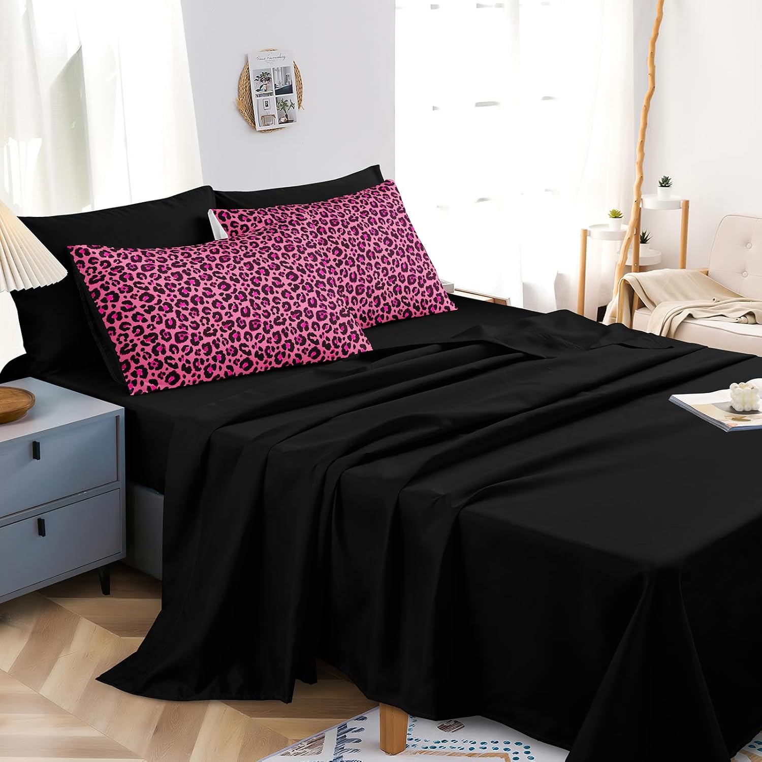 Leopard Print Comforter King Black and Pink Bedding Sets 8 Pcs Hot Pink Cheetah Animal Print Texture Wild Leopard Bed in A Bag with Comforter and Sheet Set