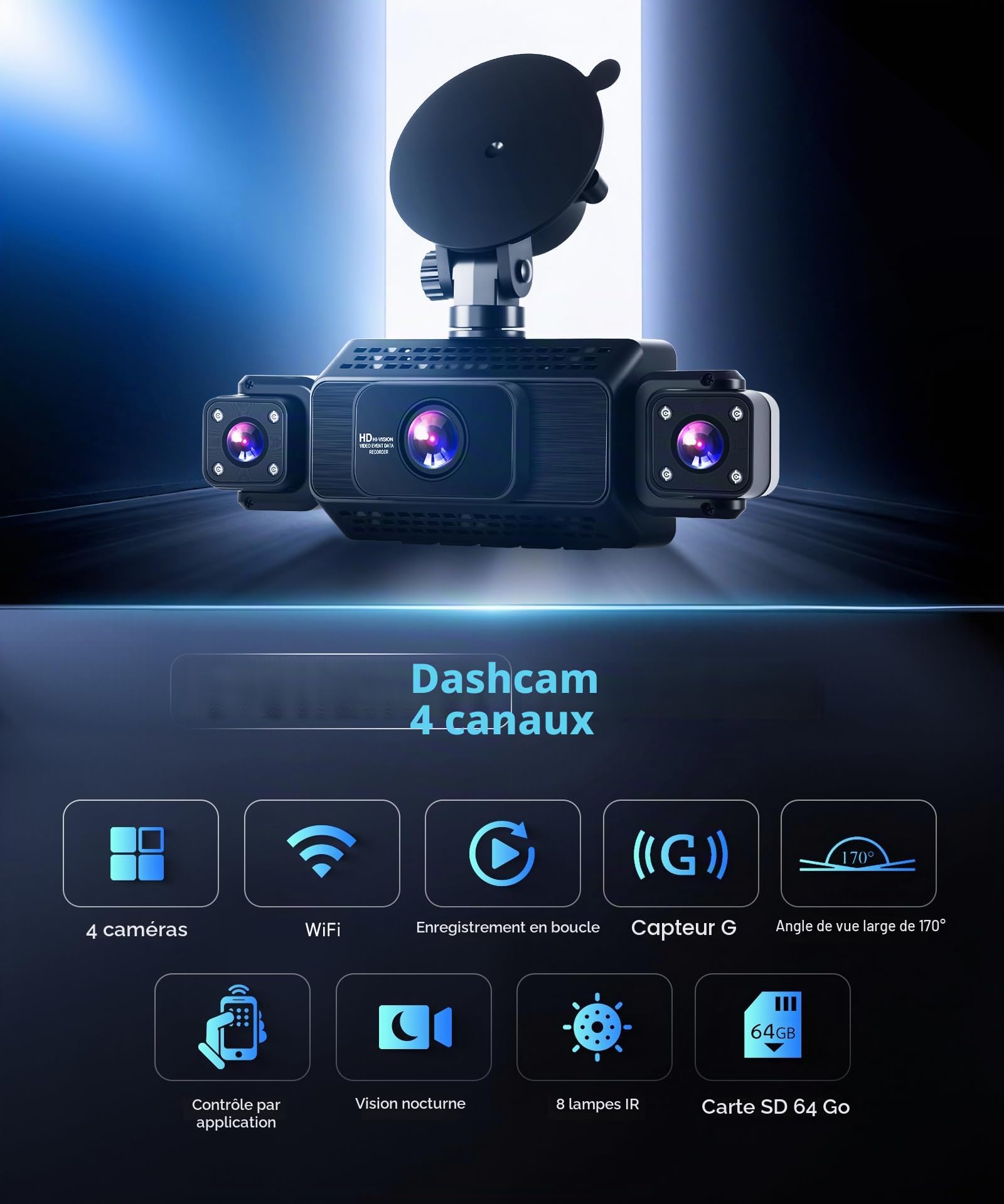 Caméra de Tableau de Bord 1080P Avant et arrière avec WiFi,4 caméras de Voiture avec écran IPS de 3",Vision Nocturne,capteur G,Enregistrement en Boucle, Protection à 360 degrés,avec Carte SD 64 Go