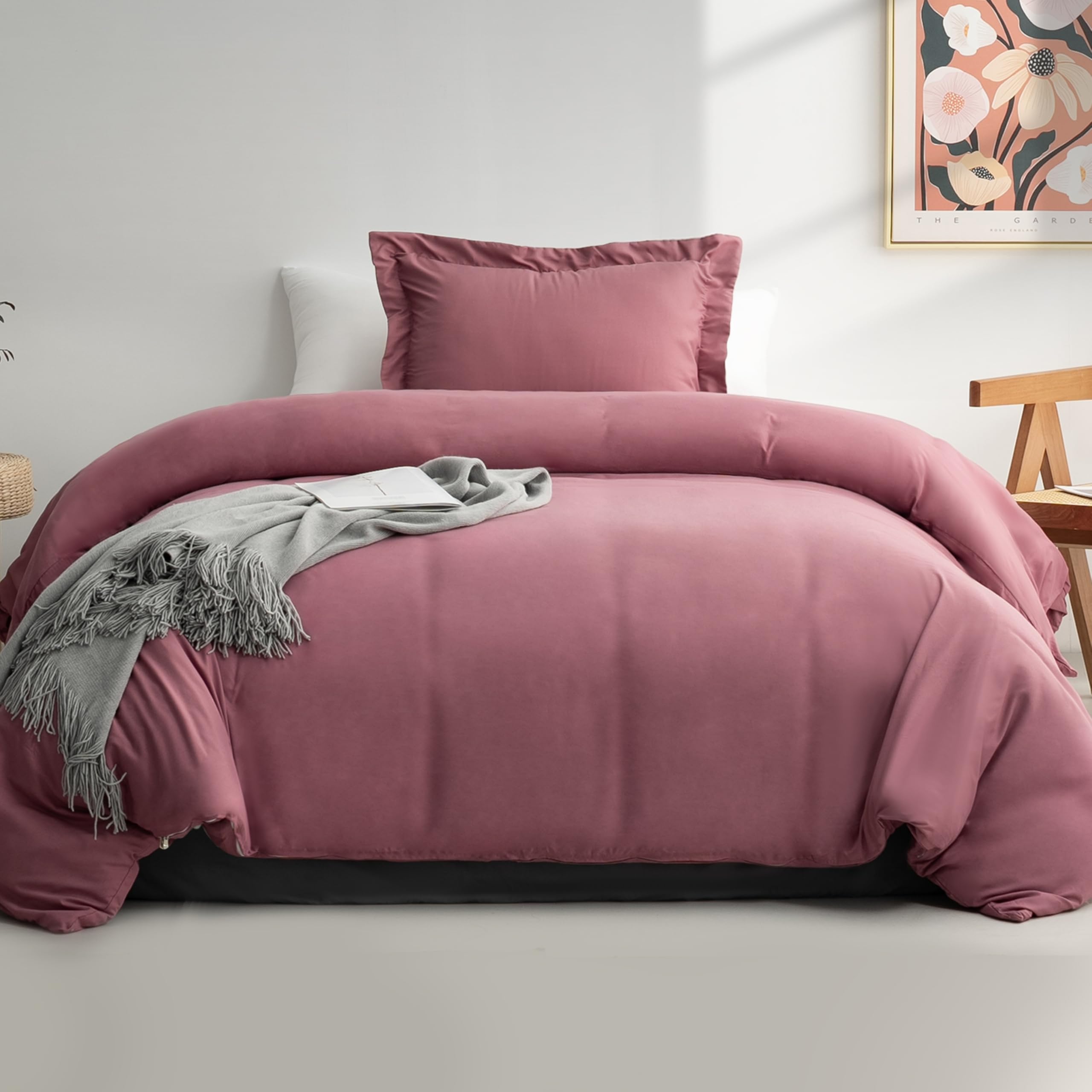 Mohap Duvet Cover 2 Pieces Set Soft Brushed Microfiber Comforter Cover with 1 Matching Sham Twin Vintage Pink