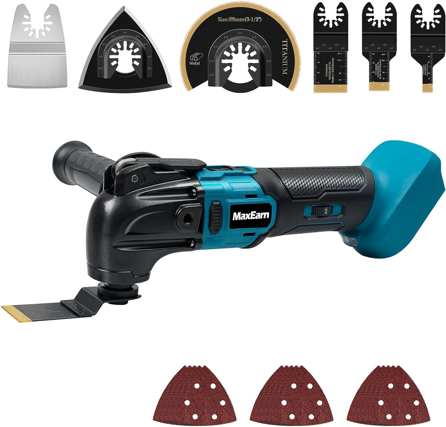 Akku-Multifunktionswerkzeug mit 6 Titan Sägeblätter + 15 Sandpapier, Kabelloses Oszillierendes Werkzeug-Set für Makita 18V, Multitool Bürstenlos zum Schaben Schneiden Schleifen (ohne Akku)