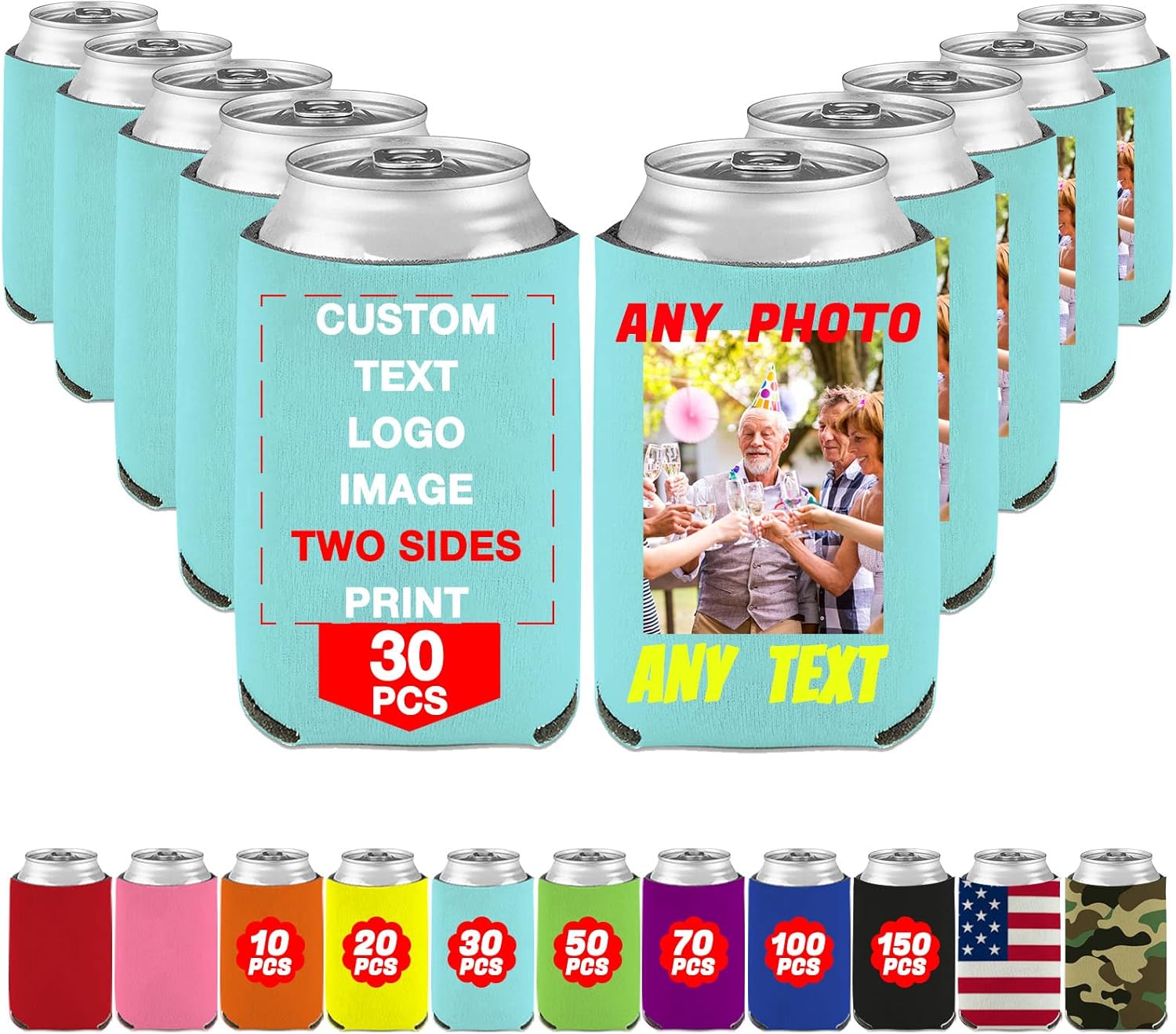 Custom Can Beer Coolers Sleeve 50 PCS Bulk Personalized Insulated Beverage Bottle Holder with Photo Image Logo Text for Party Wedding Birthday