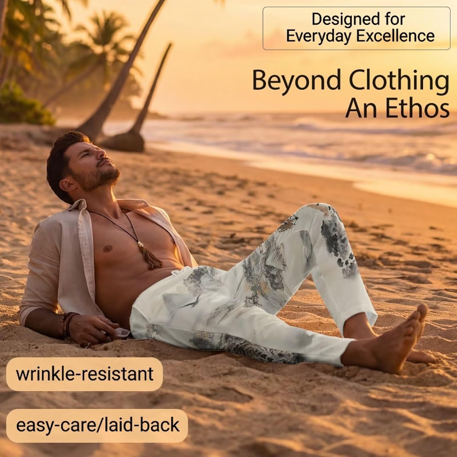 Men's Casual Pants Elastic Waist Comfy Summer Beach Long Pants Lightweight Loose Fit Trousers Plus Size S-5XL