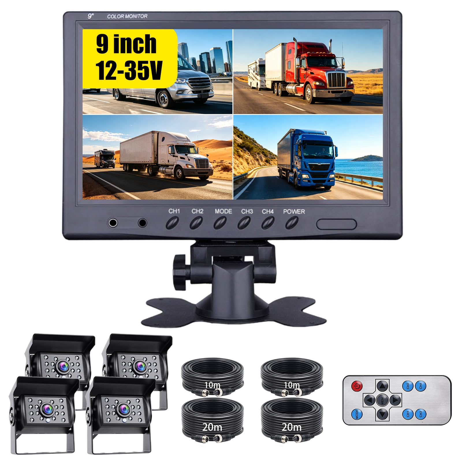 Hikity 9" Monitor Rückfahrkamera Set mit 4 Kameras Wasserdicht Nachtsicht