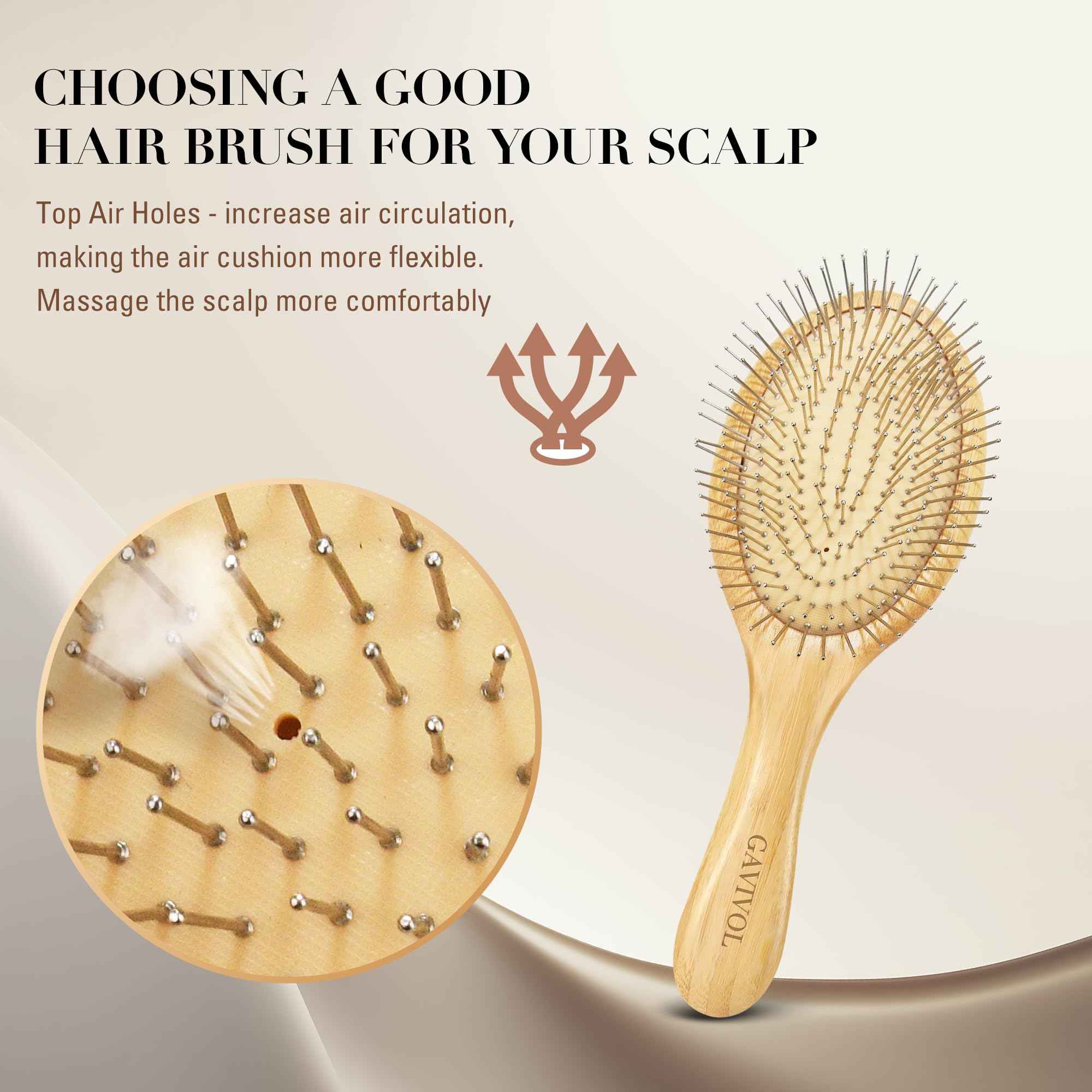 Cepillo de bambú con cerdas de metal, antiestático y desenredante para cabello grueso, fino, rizado y liso
