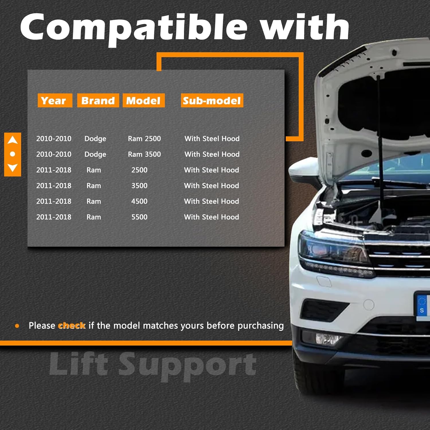 2Pcs 18.05 IN Front Hood Struts Lift Supports Compatible with Dodge 2010 Ram 2500 3500 for Ram 2500 3500 4500 5500 11-18 with Steel Hood Shock Gas Spring Prop Rod Cylinder Replace 05160343AA 5160343AA