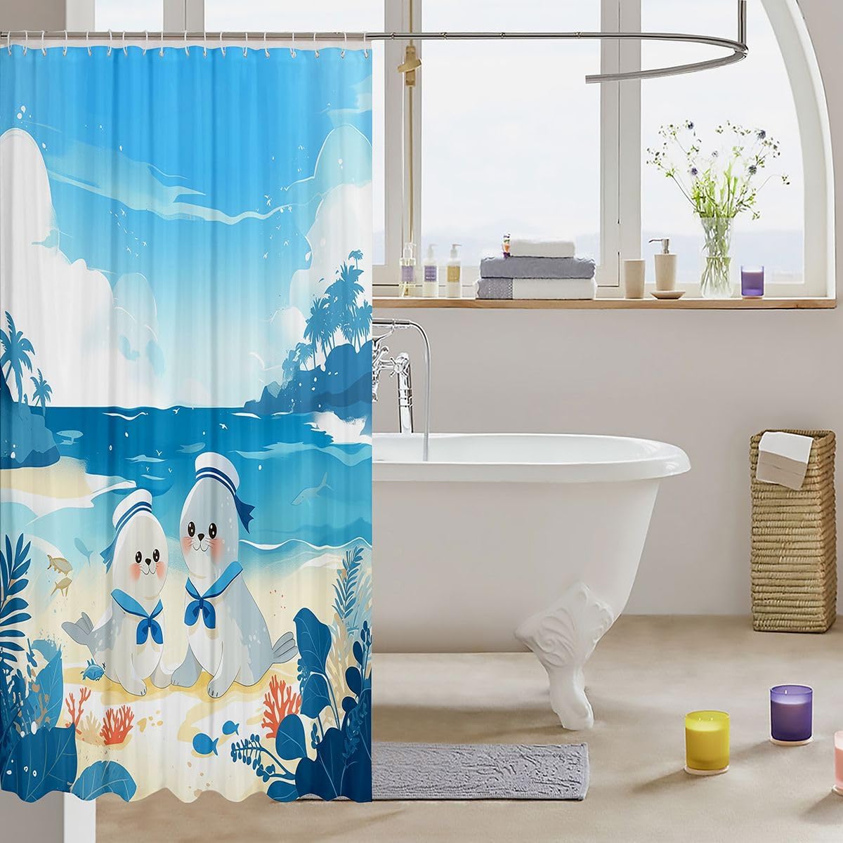 Erosebridal Cartoon Seal Bathroom Curtain for Kids Teens - Summer Beach Coastal Themed Shower Curtain 72" Wx72 L Cute Sea Creatures Print Bathroom Accessories,Colorful Marine Life Fish Shower Decor image 3