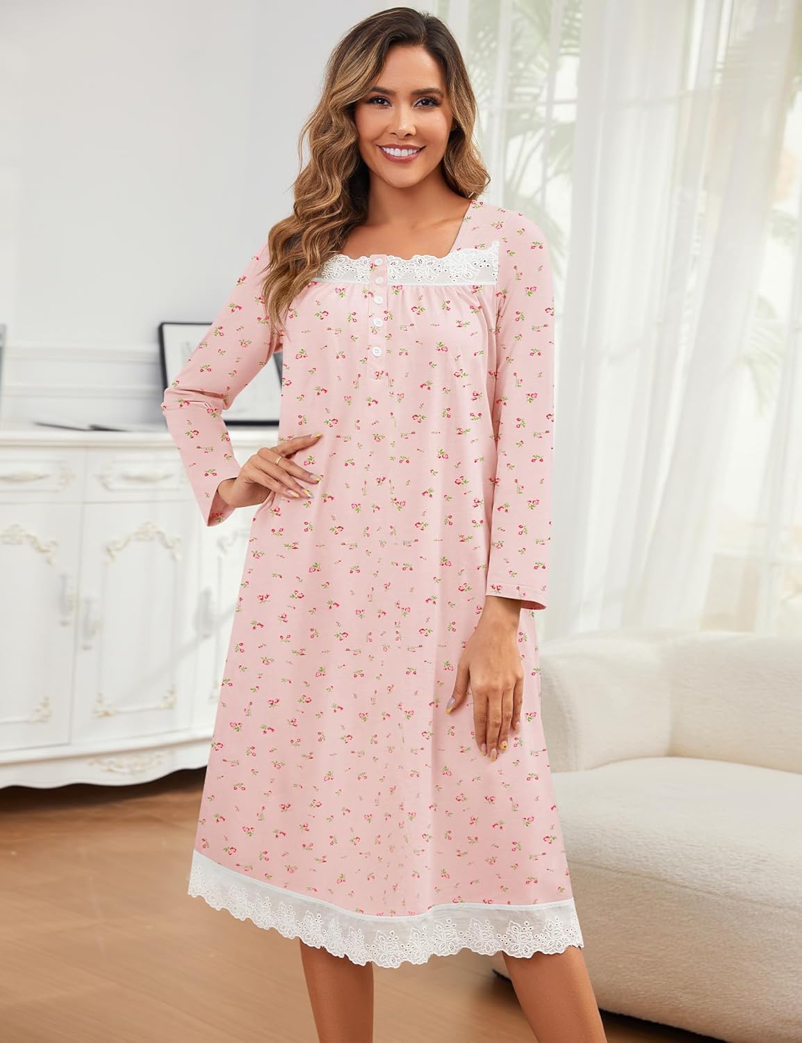 Bloggerlove 100% Cotton Nightgowns for Women Button Down Long Sleeve House Dress Lace Nightdress with Pockets - Image 2
