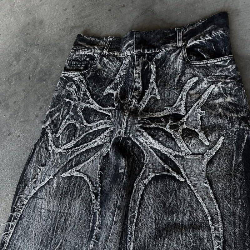 Men's Jeans Gothic Spider Embroidery Patch Pants Y2K Distressed Wide Leg Denim Oversized Baggy Streetwear Trousers - Image 4