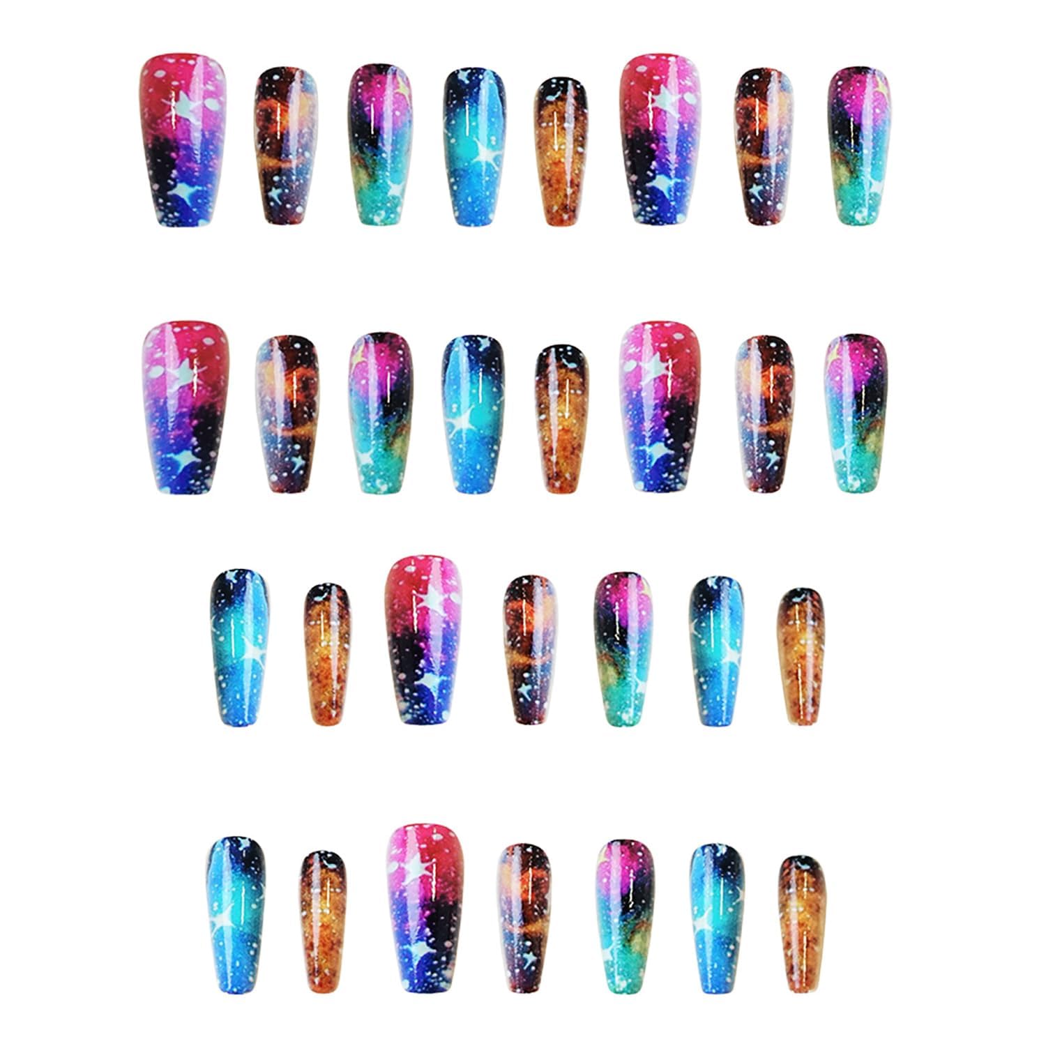 24Pcs Glitter Starry Nails, Acrylic Full Cover Coffin Nails - Medium Press ons, Ballet Tip Design, Colorful Starry Sky, 1 g (Pack of 1) - Image 3
