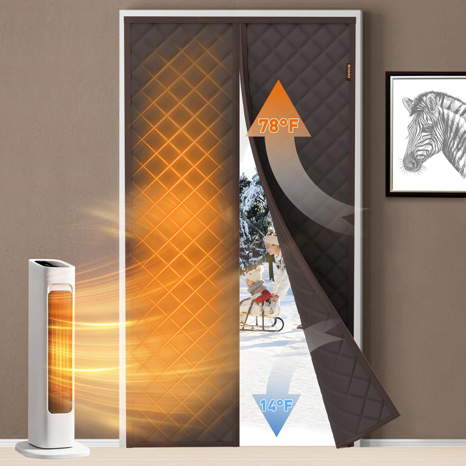 MAGZO Magnetic Thermal Insulated Door Curtain, 38" x 82", Upgraded Oxford Filled with Thicken Cotton, Weatherproof Insulation Cover Blanket for Winter/Extra-Wide Entry Door, Cold Draft Blocker, Brown