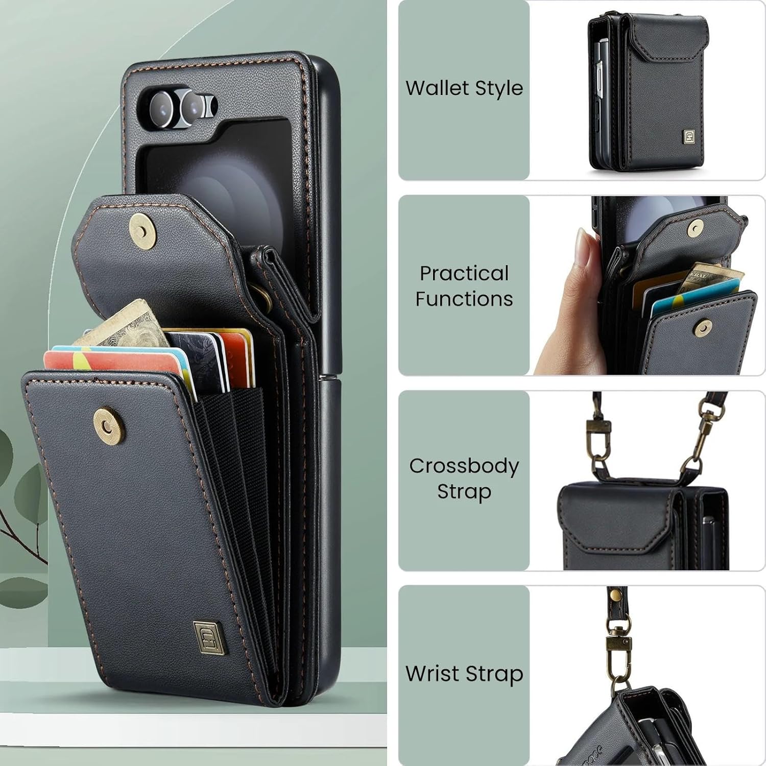 Case for Galaxy Z Flip 6 Cards Wallet Crossbody Lanyard Leather Purse Pocket Shoulder Strap Bag Cover(for Galaxy Z Flip 6/Brown)