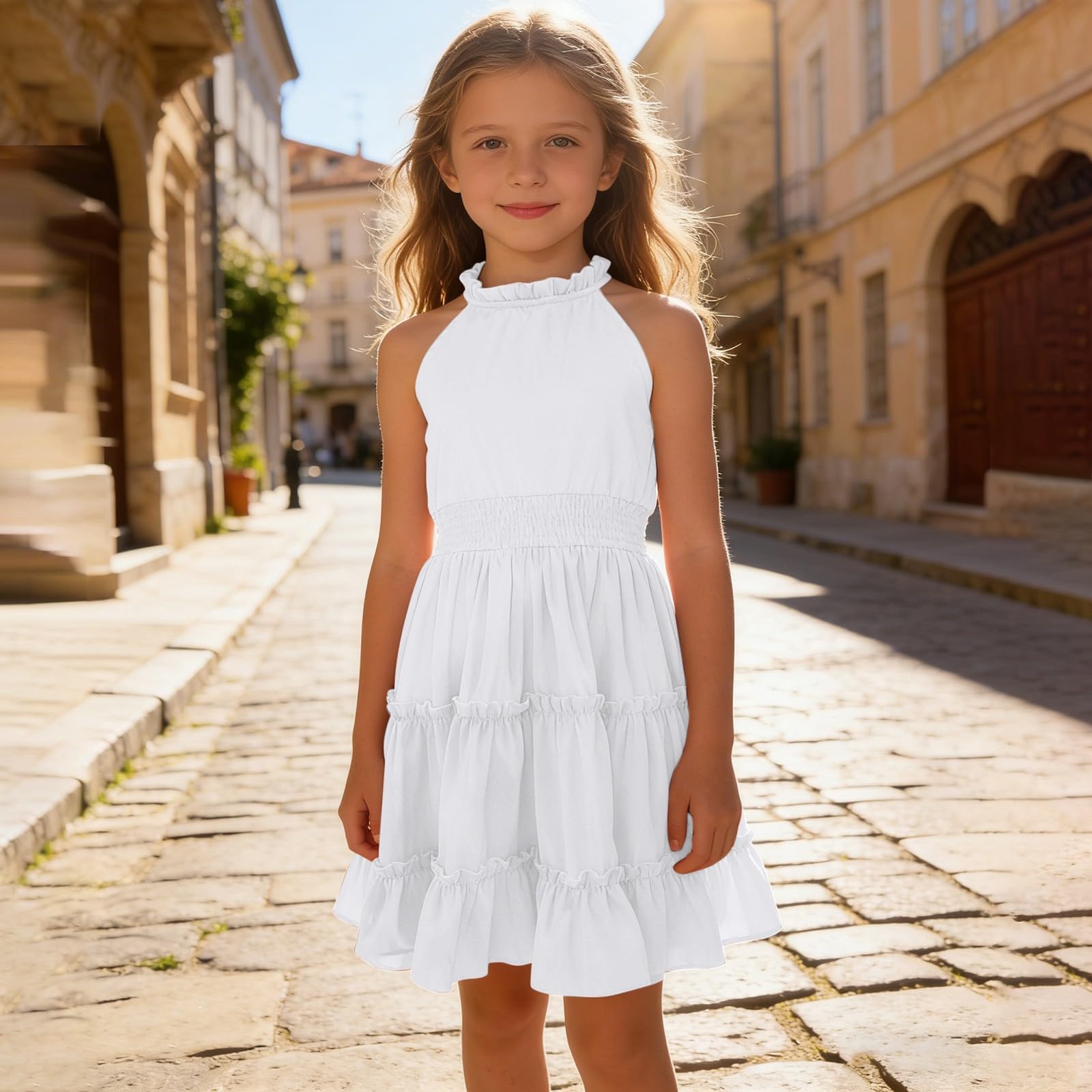 Vestito estivo per ragazze con spalle scoperte casual fluente punto smocked A Line Dress bambini senza maniche Swing abiti da festa con volant a strati prendisole festivo