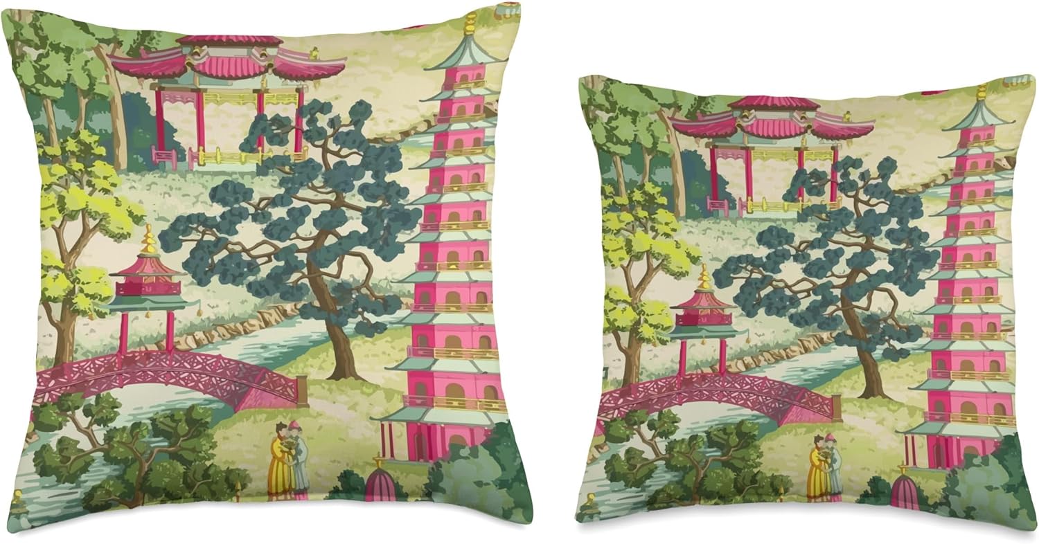 Cute Vintage Chinoiserie Pagoda Toile Throw Pillow