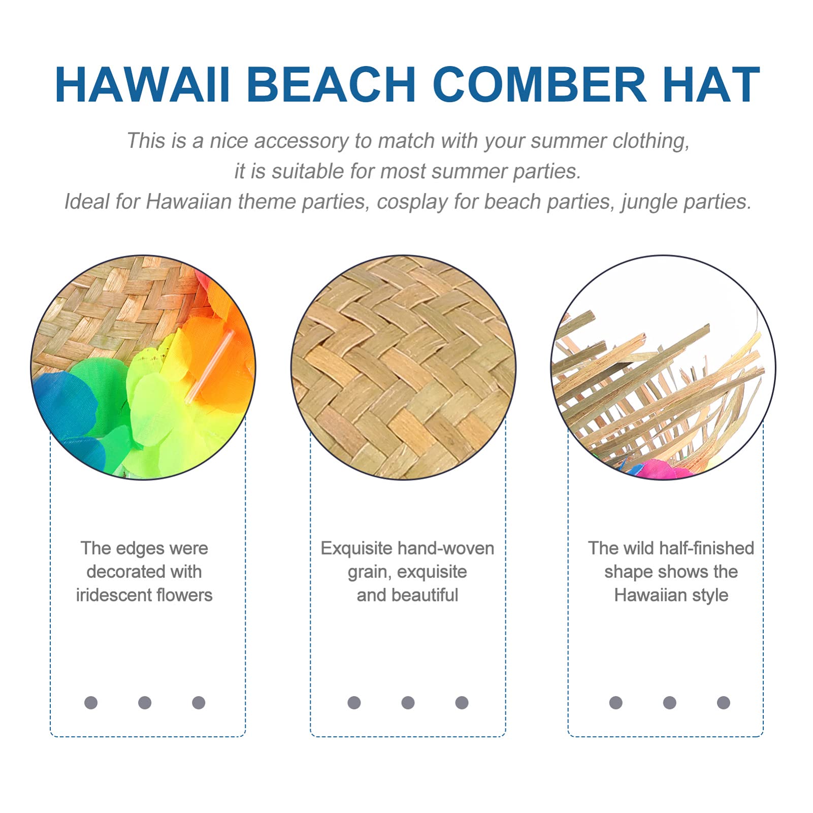 NOLITOY Sombreros hawaianos de paja para adultos, divertido sombrero de fiesta con ribete floral, suministros de fantasía hawaianos para fiestas de verano, disfraces, accesorios de decoración