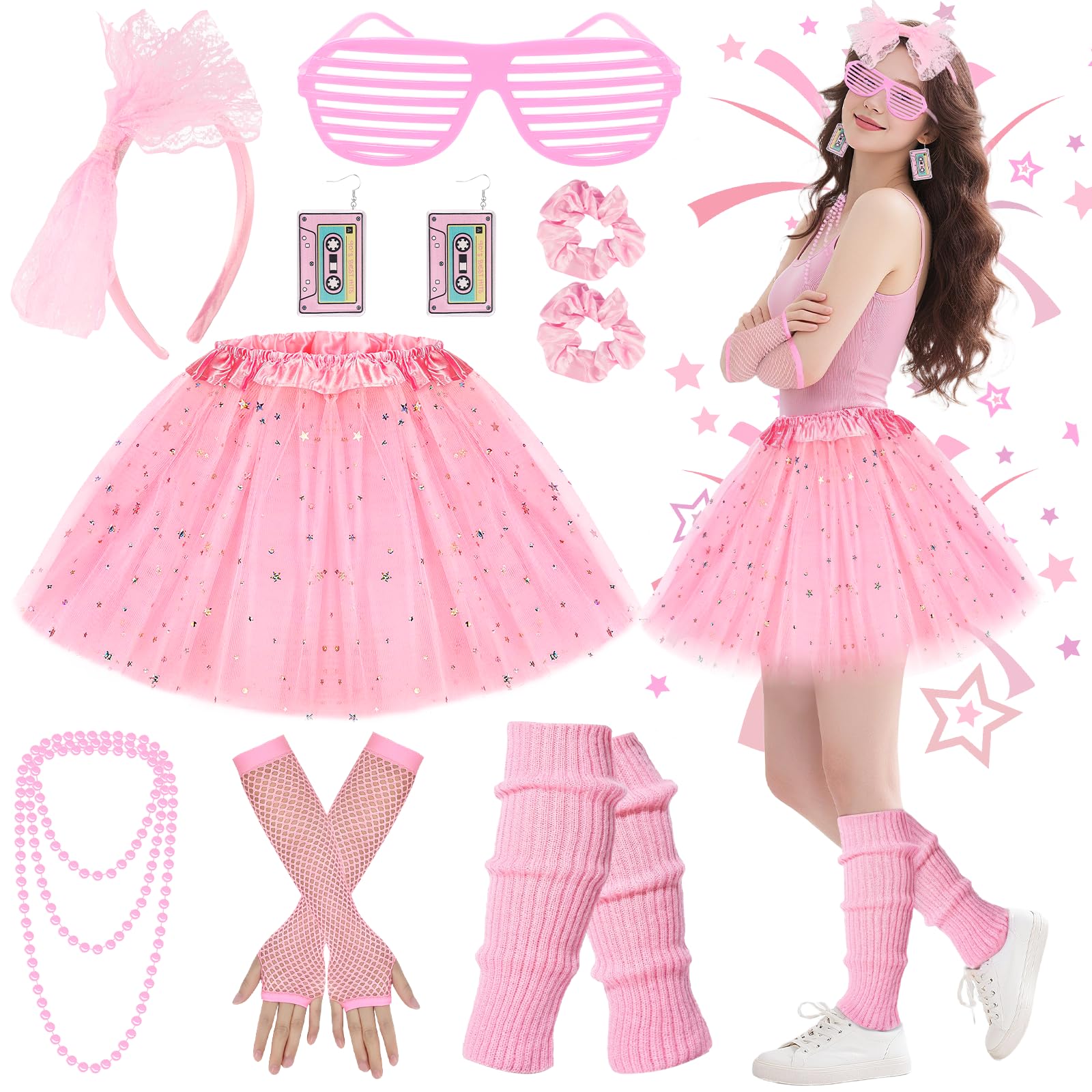 Jokureao 9PCS 80s Fancy Dress Accessories Set for Women Girls, 1980s Fancy Dress Costume Kits with Tutu Skirt, Scrunchies, Leg Warmers, Bow Headband & Glasses Retro Outfit for Party, Dress up Day