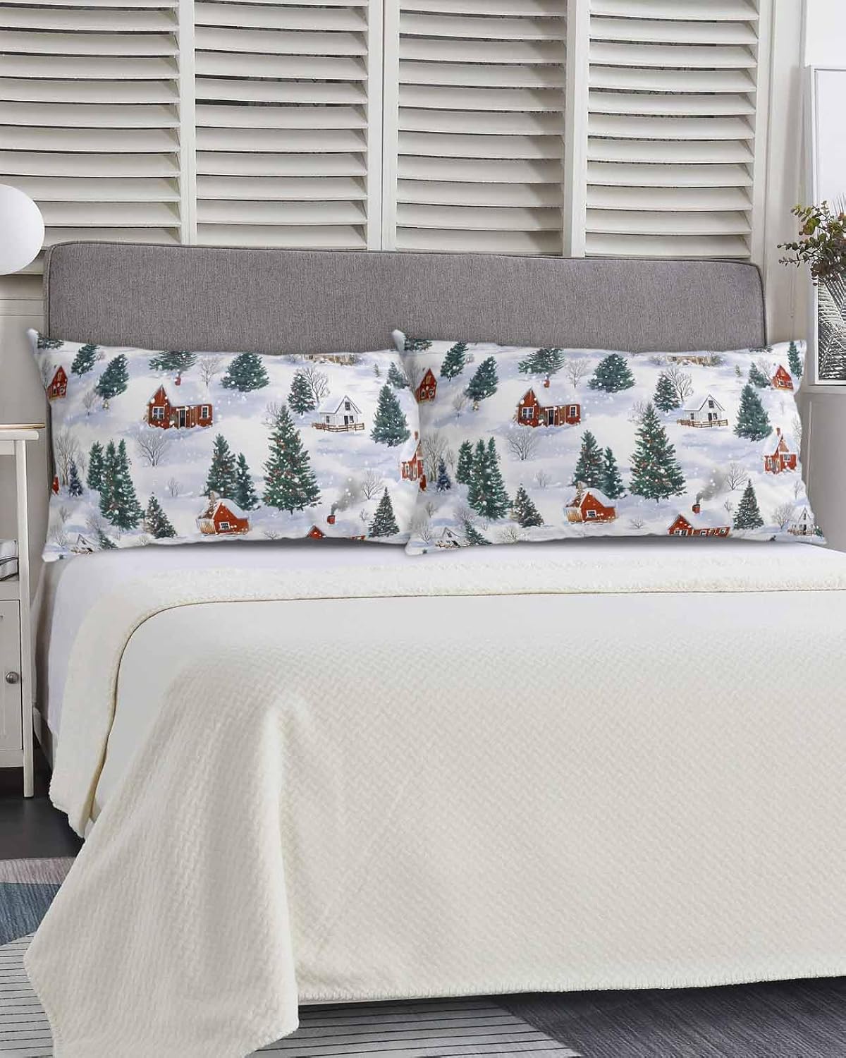 Christmas Village Long King Pillow Cover, Soft Breathable Farmhouse Winter Snowflake Snowy Xmas Tree Pillow Covers with Envelope Closure Decorative Pillow Shams for Bed Sofa Couch Chair 20''x40''