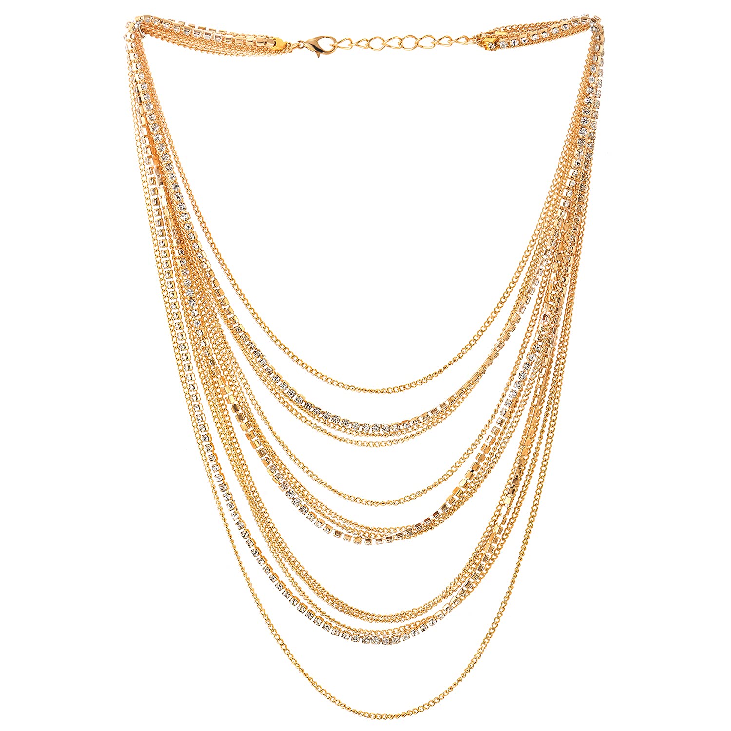 COOLSTEELANDBEYOND Color Oro Cascada Multi Capas Cadena Statement Cuello Collares Colgante con Collar con Rhinestones Cadena Vestir