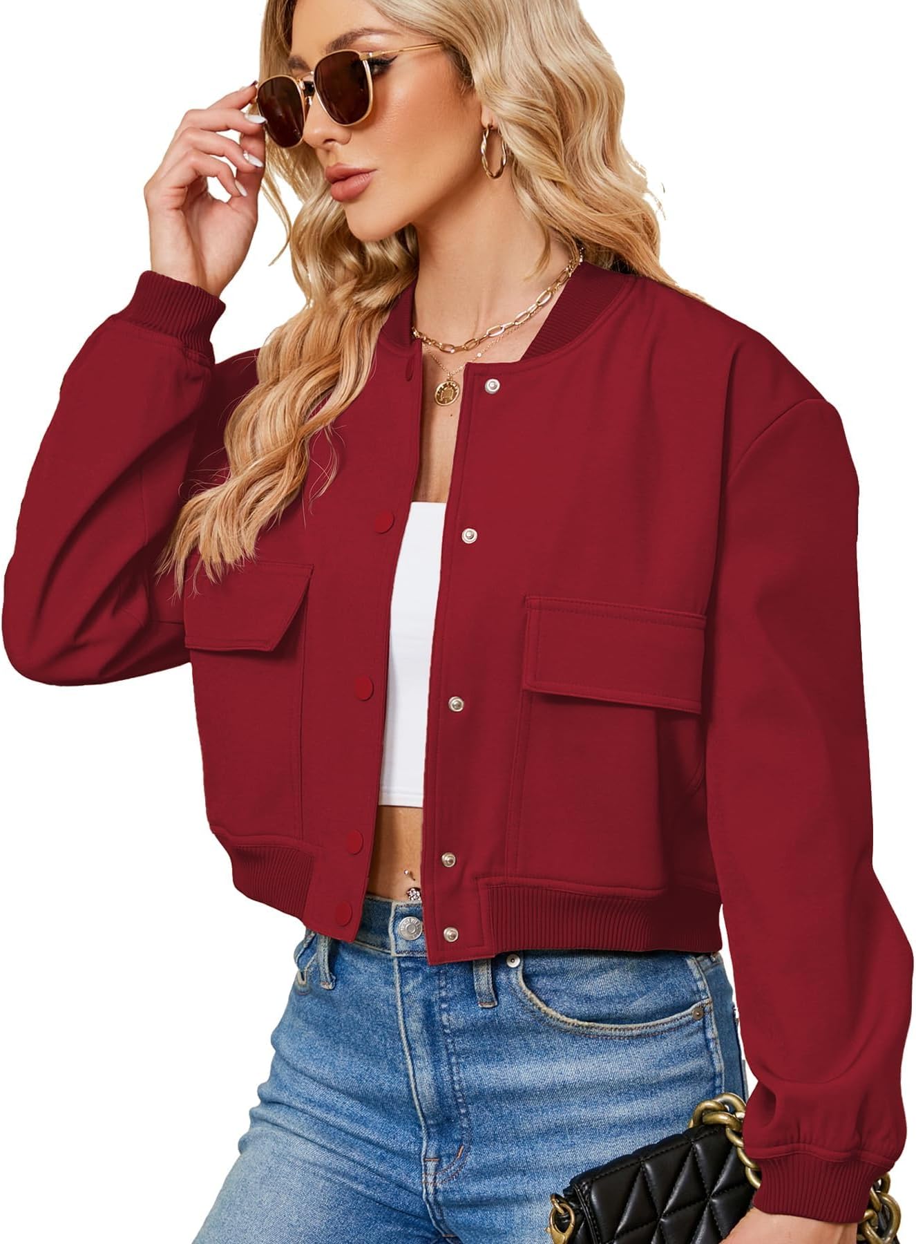 Zando Bomber Jacket Women 2026 - Short Cropped Jacket Women Button Down Long Sleeve Casual Varsity Jackets with Pockets