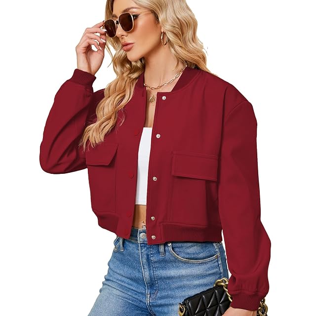 Zando Bomber Jacket Women 2026 - Short Cropped Jacket Women Button Down Long Sleeve Casual Varsity Jackets with