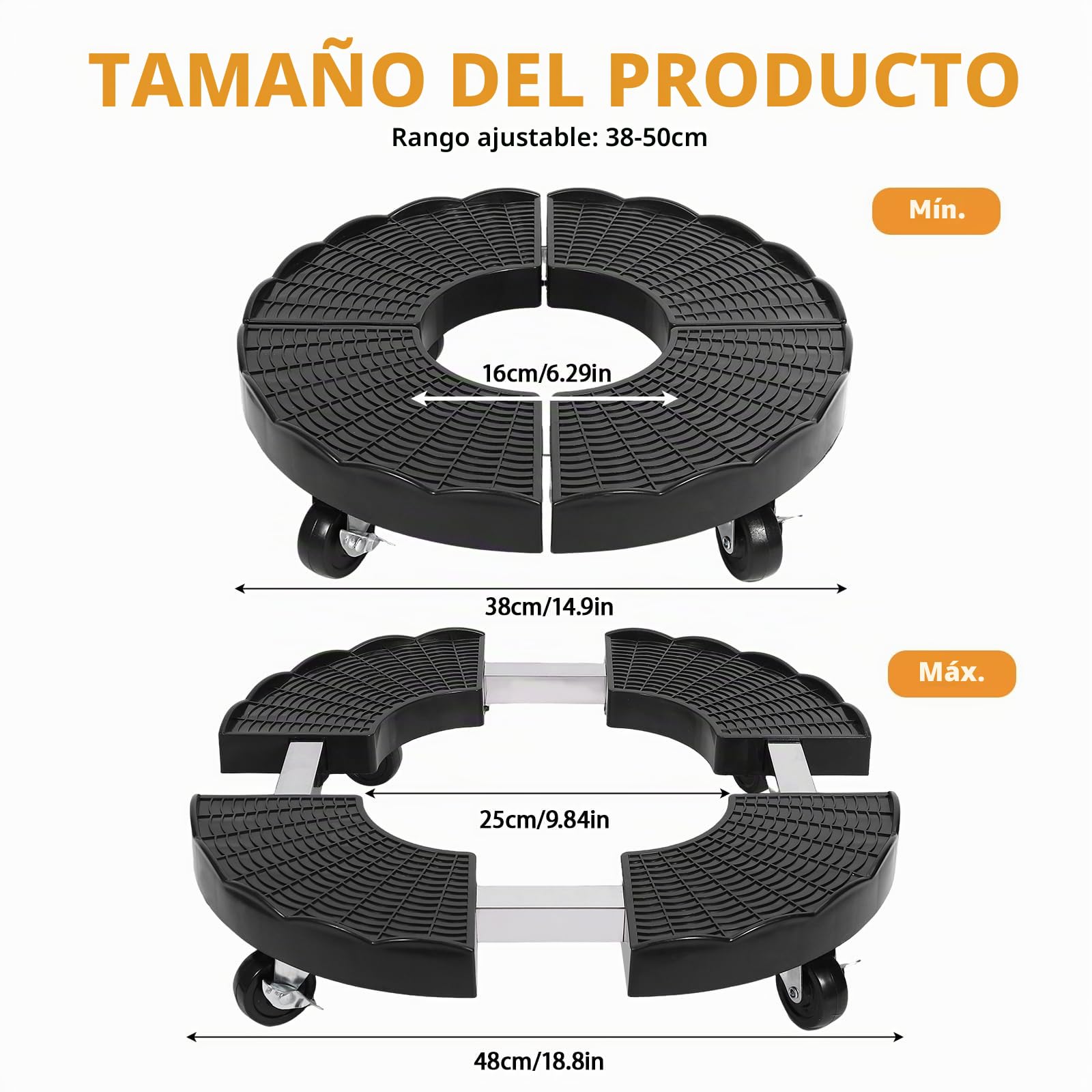 Zorplex Rodillo para Plantas Ajustable Ø 38–50 cm, Soporte Redondo con Ruedas Giratorias 360° y Freno, Capacidad hasta 150kg, Base Resistente a La Intemperie para Macetas Grandes, Interior y Exterior