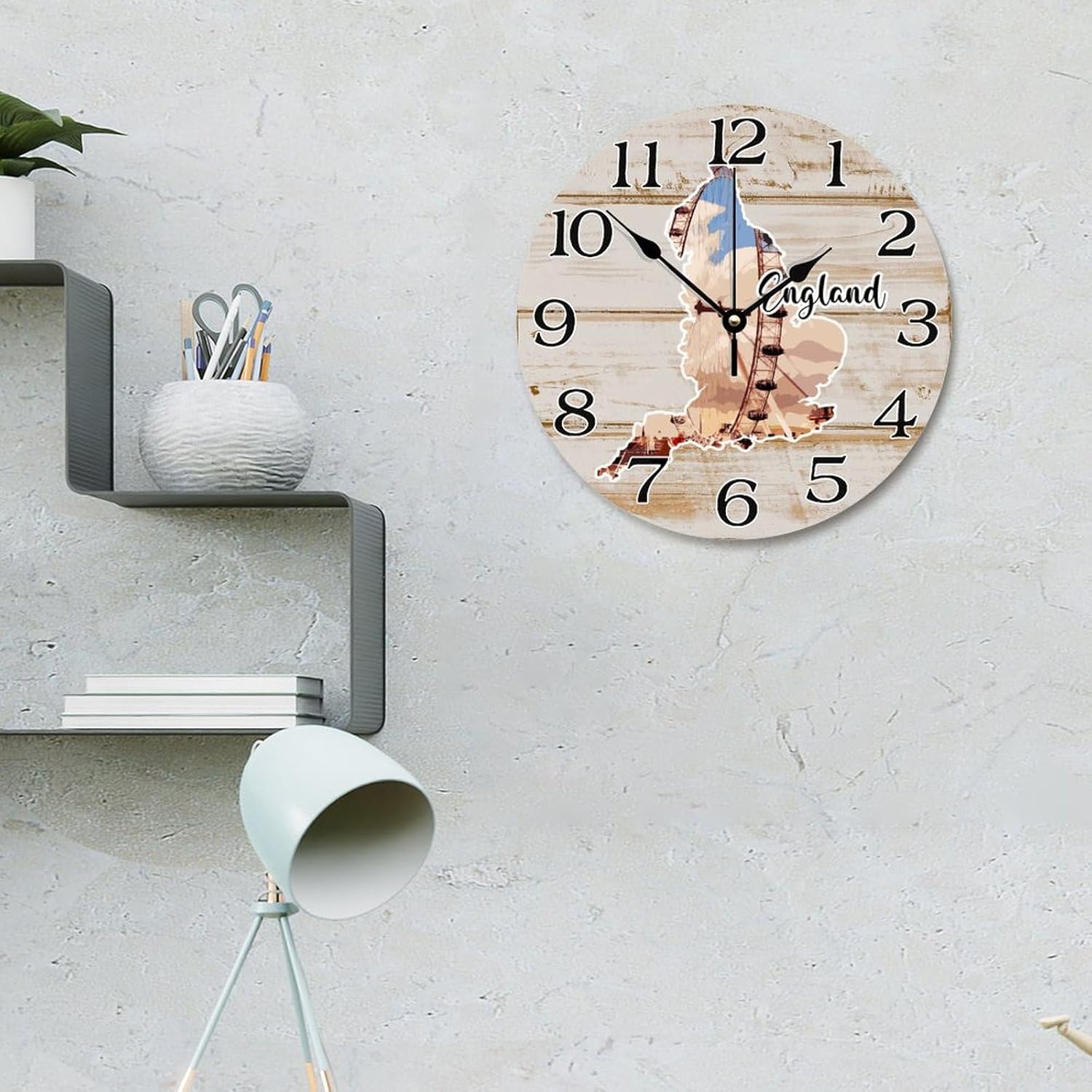 England Map Travel Wall Clock England Cityscape Tourist Attractions Large Wooden Wall Clocks Battery Operated 12 Inch Quiet Farmhouse Hanging Clock Wall Decor Gift for Foreign Friend