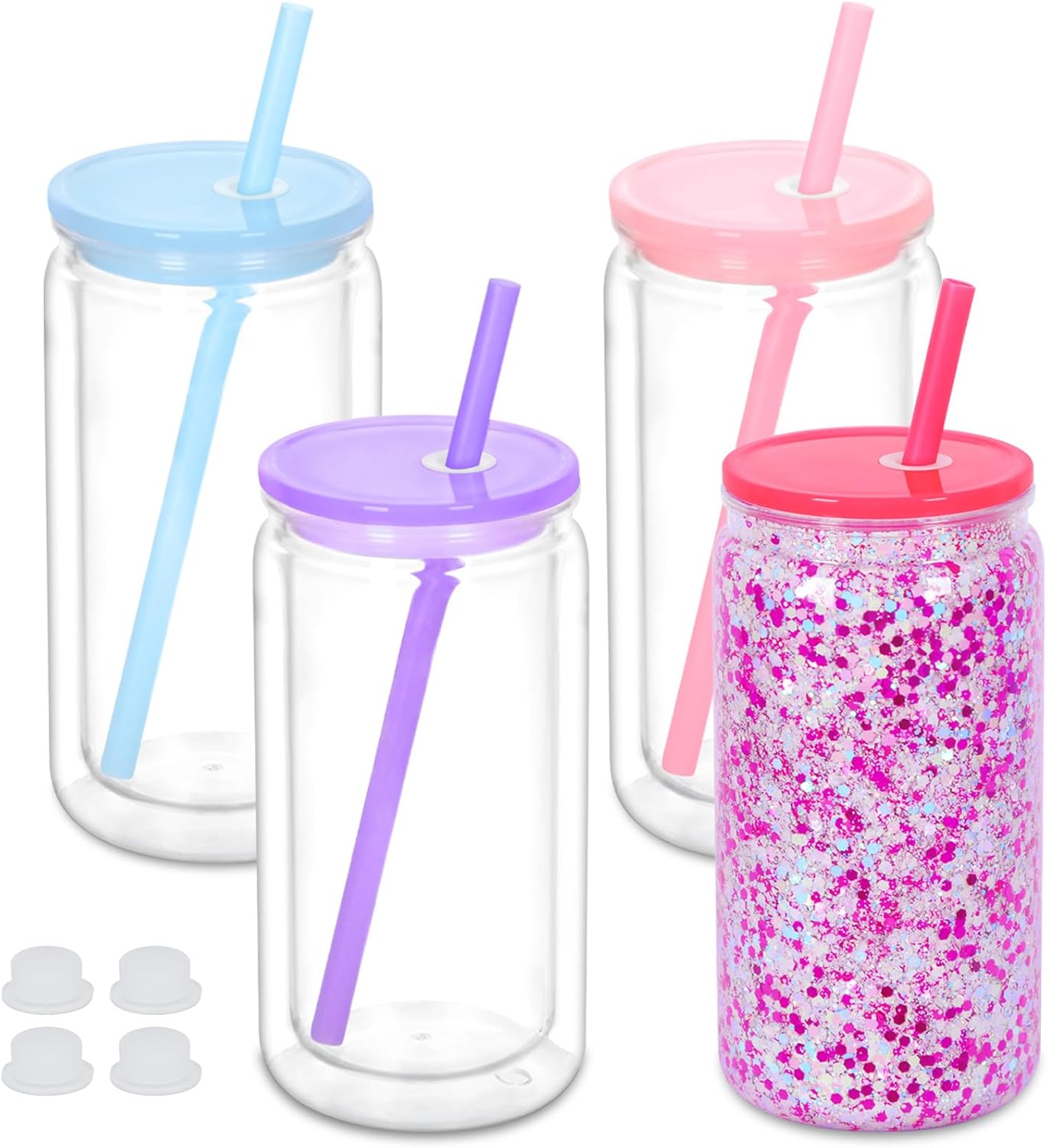 16 Oz Plastic Snowglobe Tumbler, 4 Pack Pre-Drilled Double Wall Plastic Clear Cup for Glitter Snow Globe Diy, Double Wall Snowglobe Cup with Colorful Lid