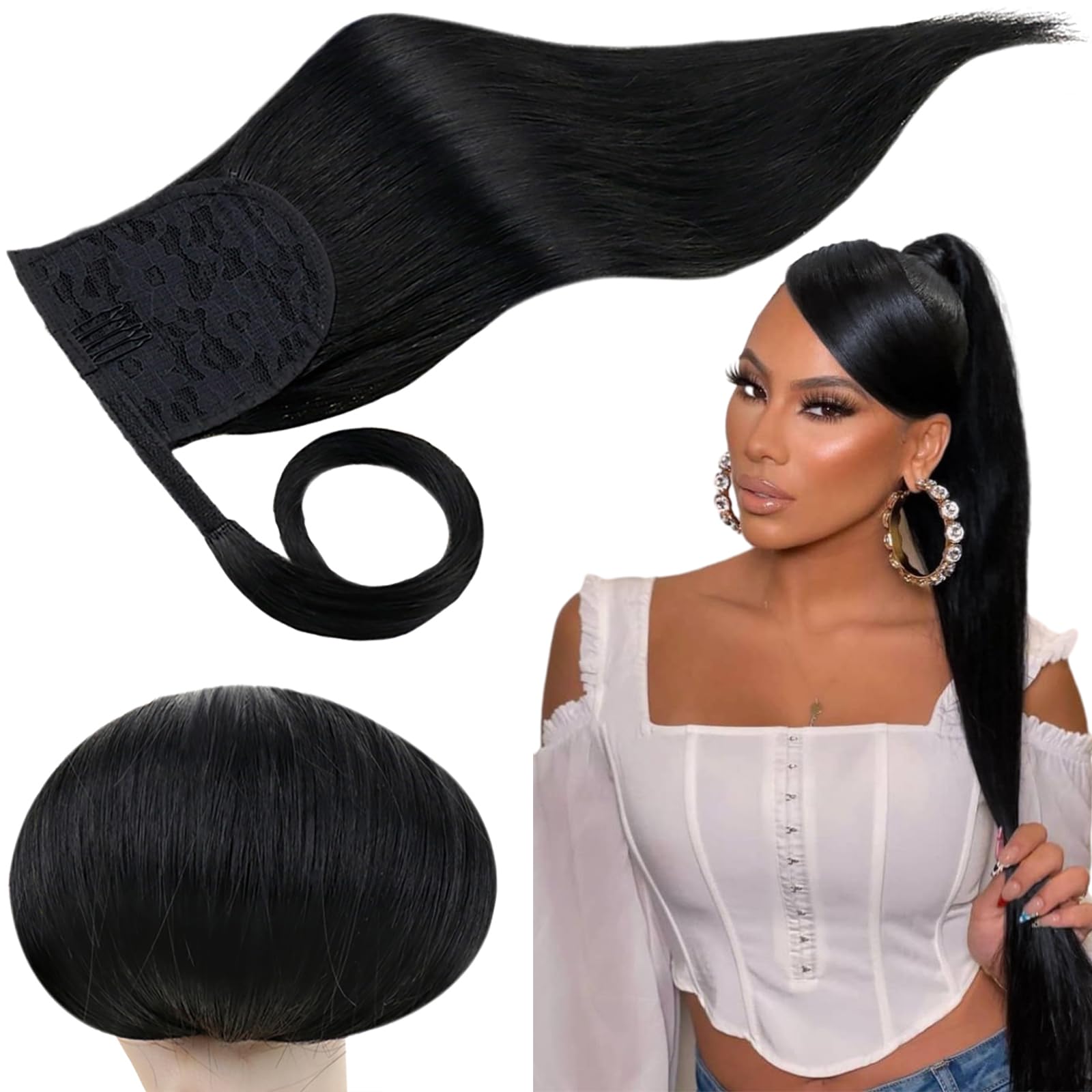 RUNATURE Black Ponytail Extensions Human Hair Clip in Ponytail Hair Extensions Real Human Hair Ponytail Jet Black Ponytail Hair Extensions 14 Inch 70 Gram