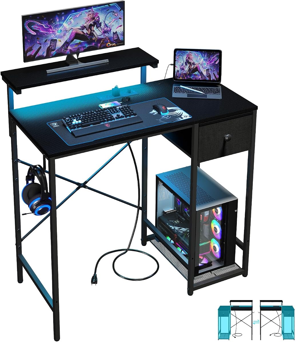X-cosrack Escritorio pequeño para juegos de 33,5 pulgadas con luces LED y tomas de corriente, cajones | Escritorio para computadora con cajón de tela y gancho lateral, mesa reversible con soporte para monitor para sala de juegos, dormitorio, fibra de carbono negro