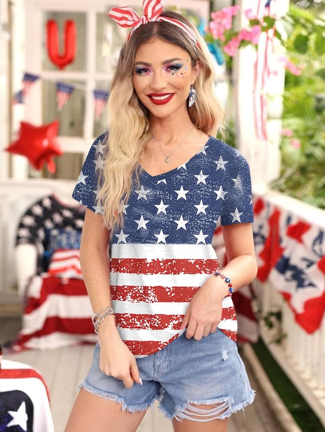 Barlver Womens American Flag Shirt Short Sleeve 4th of July Flag Top Loose Patriotic Independence Day T-Shirts S-XXL - Image 4