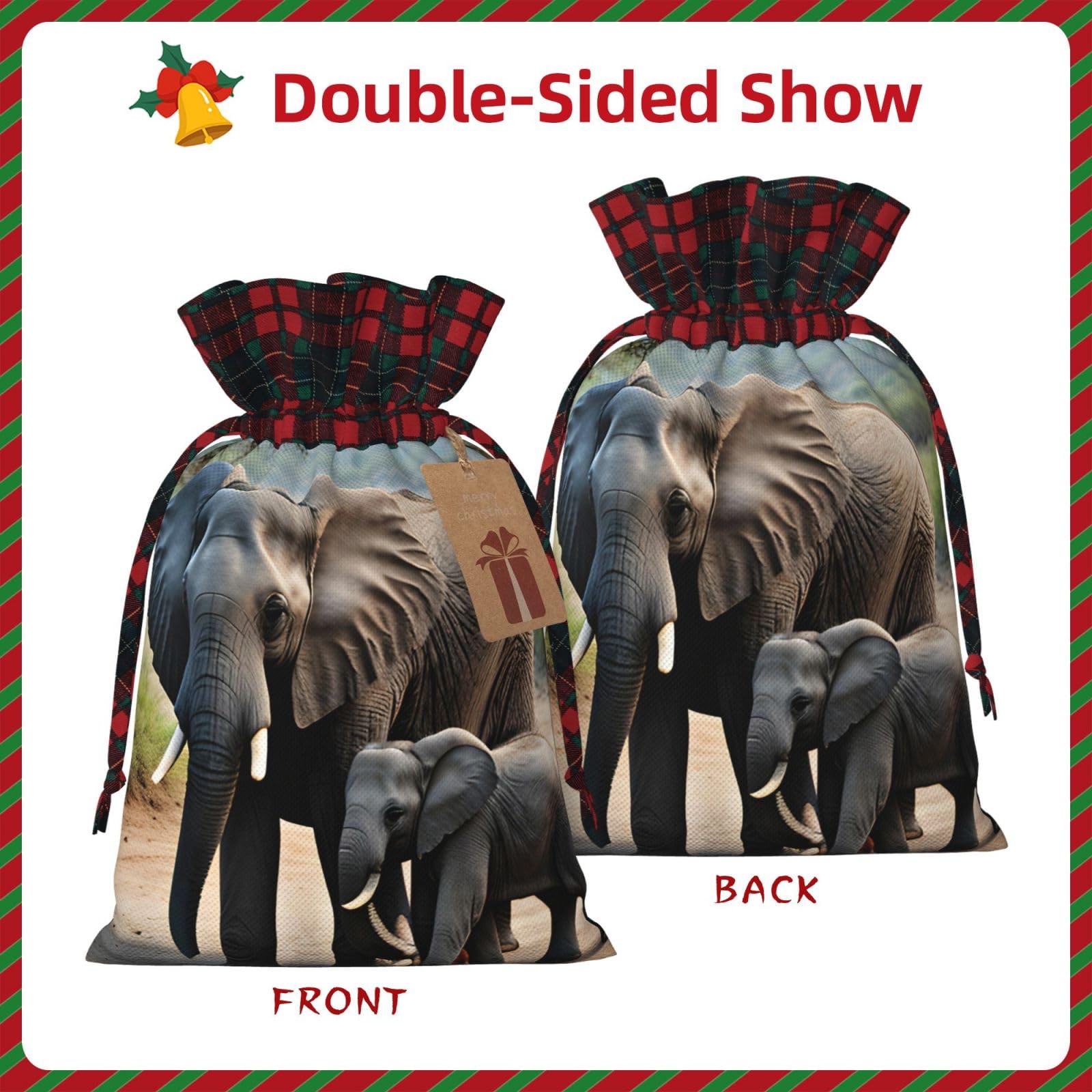 Sac Personnalisable En Toile De Jute Hesse - Motif éléphant Noir Pour Noël - Petit Modèle Neuf