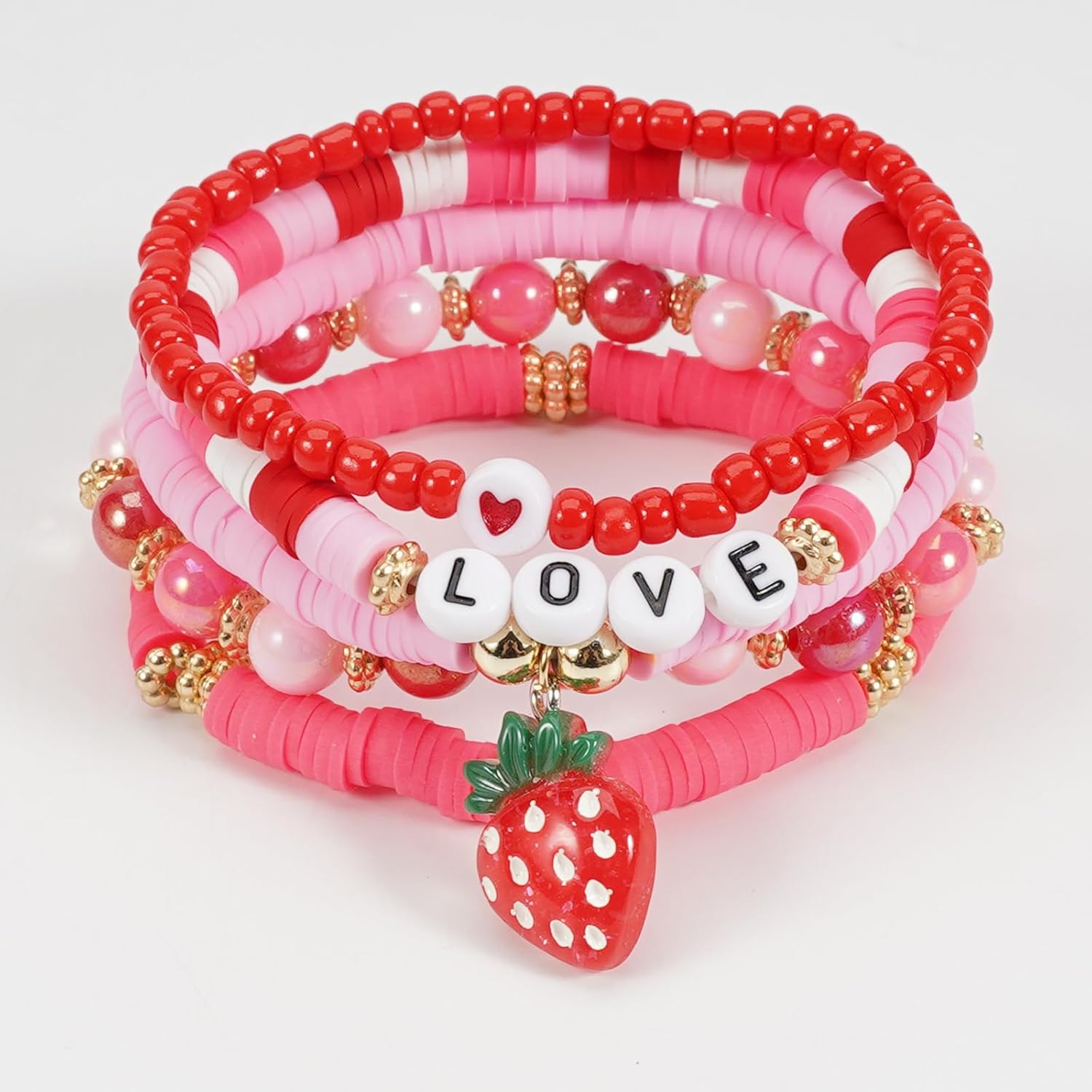 Caiyao Cute Cartoon Strawberry Fruit Stackable Bracelets Handmade Multilayer Clay Crystal Glass Beaded Stretch Bracelet Y2k Heishi Beads Strawberry Friendship Preppy Statement for Women Party Jewelry - Image 4