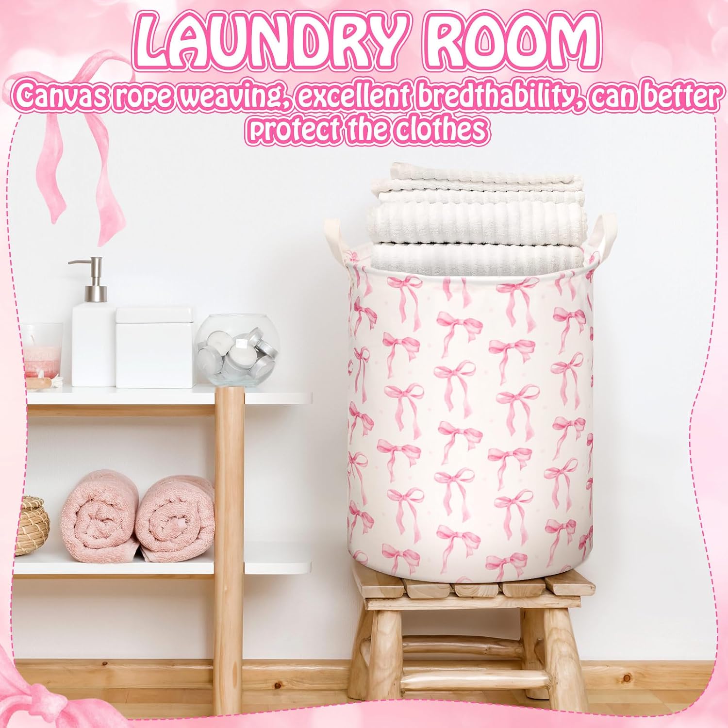 CroBlissful 1 Pcs Coquette Pink Bow Laundry Basket Pink Bow Nursery Laundry Basket Hamper Waterproof Collapsible Storage Bin Organizer for Bedroom Bathroom Room Dorm Clothes Toys