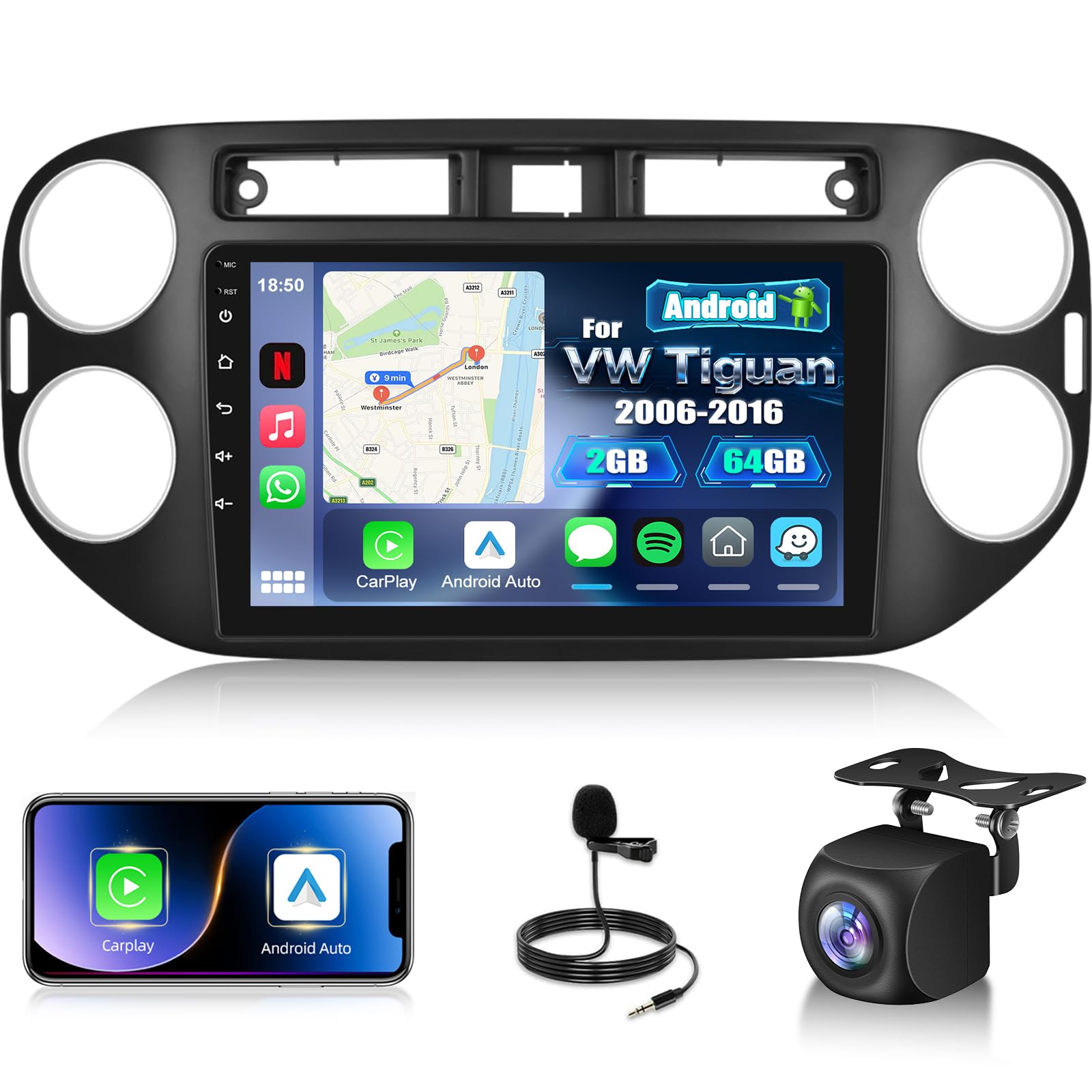 Photo 1 of [2+64] Volxcereo Car Radio for VW Tiguan 2006-2016, 9 inch Android Touchscreen Tiguan Stereo with Carplay & Android Auto, GPS Navigation, WiFi, Bluetooth, SWC, FM/RDS, 32 EQ, DSP