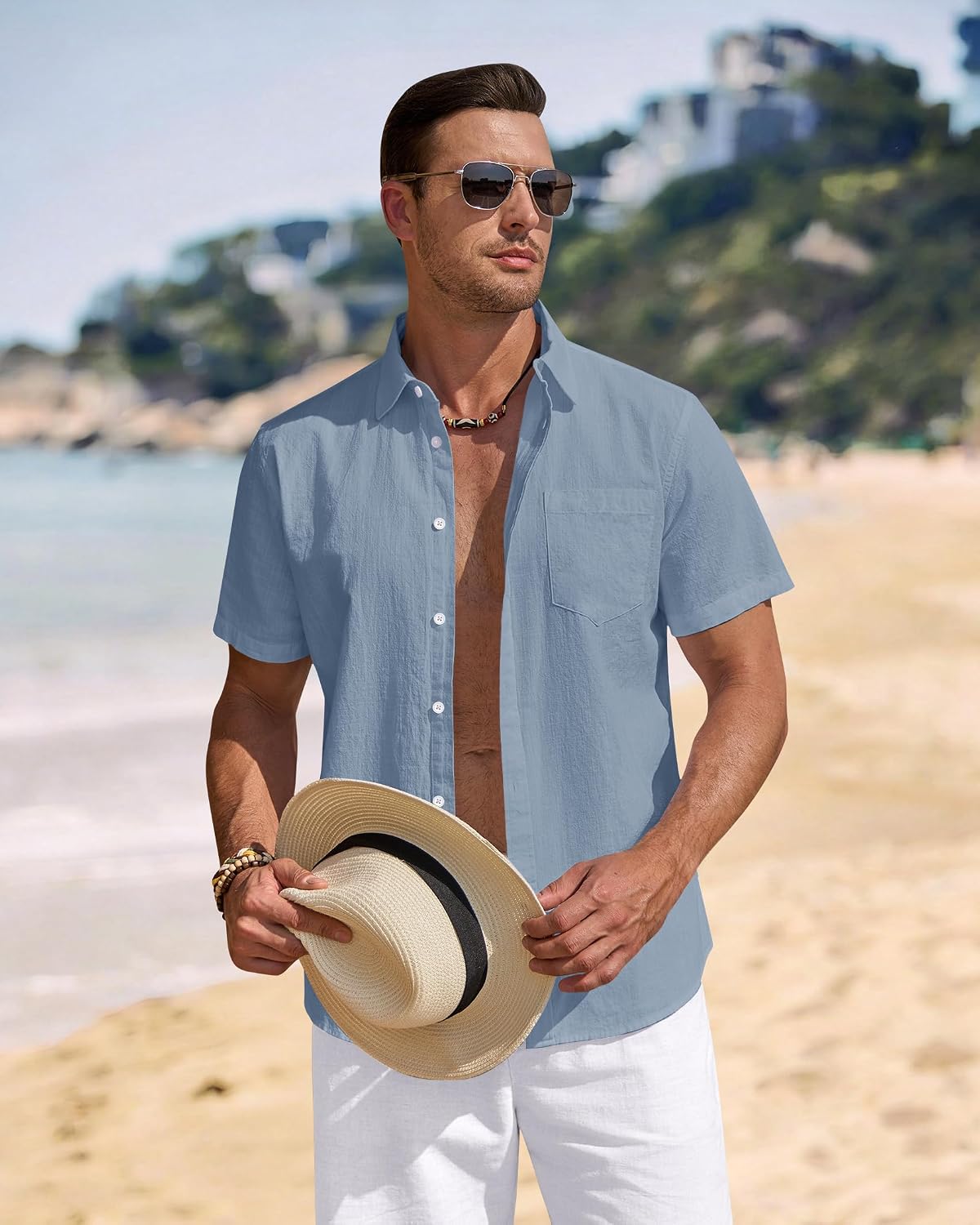  Mens Linen Shirt Short Sleeve Button Down Casual Summer Shirts | Cotton Linen, Untucked, Big Tall, from Beach Camp Vacation, Cruise Fishing, Work Office, to Wedding Party Family, with Pocket thumbnail