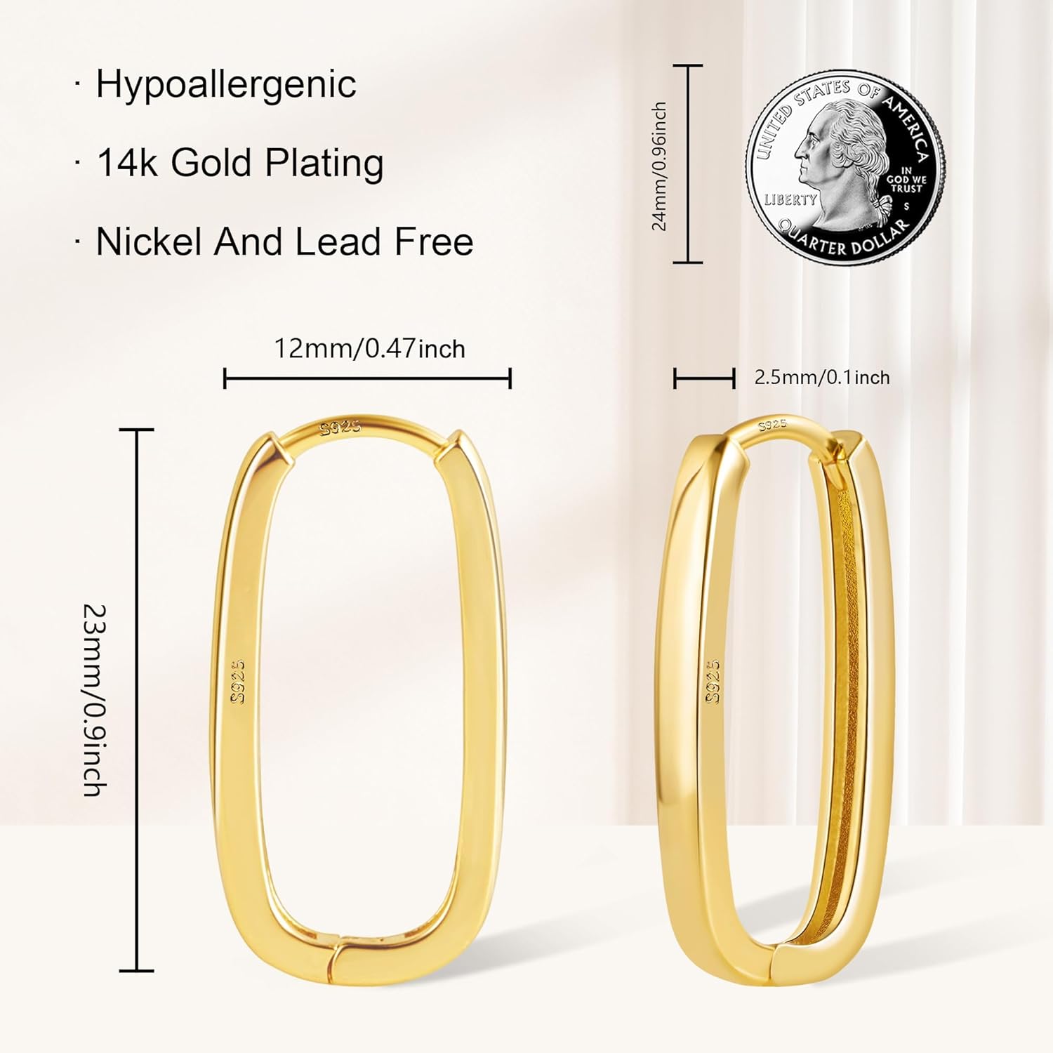 Gold Square Hoop Earrings for Women Rectangular Gold Plated Earrings Waterproof Low Allergy Delicate Chunky Oval U Shaped Earrings Geometric Women's Jewelry - Image 2