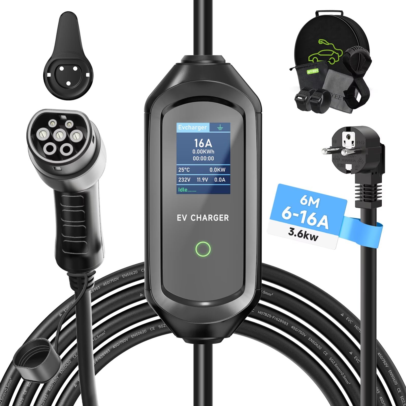Cavo Ricarica Auto Elettrica Tipo 2 Schuko, 6/8/10/13/16A 3.6kW, Ricarica Auto Elettrica Portatile, Cavo Ricarica Auto Elettrica Tipo 2 con Borsa, IEC 62196-2, 6M
