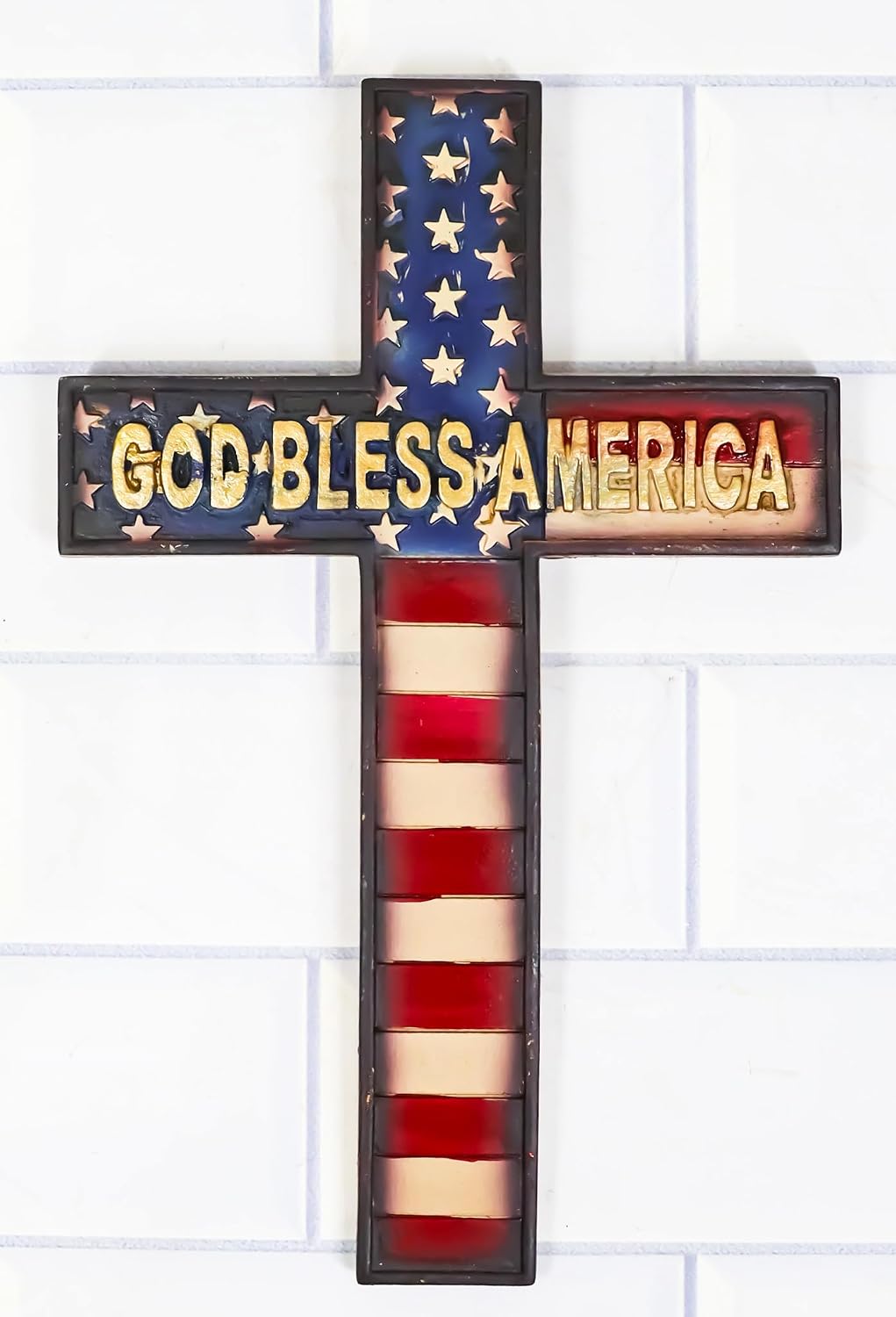Ebros Gift Rustic Western Patriotic USA American Flag Old Faithful God Bless America Memorial Wall Cross Decor Plaque Vintage Design Decorative Crosses Sculpture