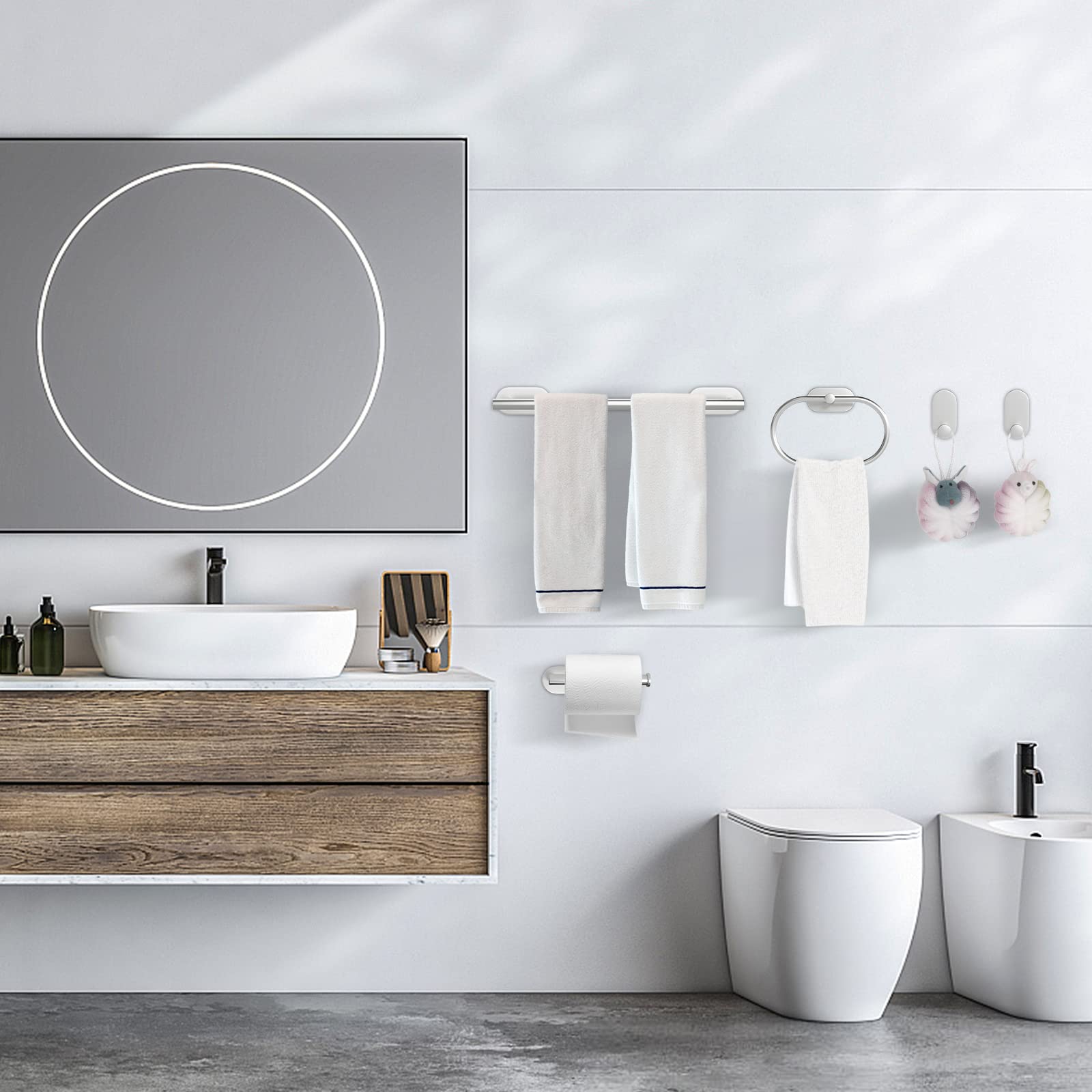 Juego de Accesorios de baño de 5 Piezas - Toalleros de Baño Anillo de Toalla Portarrollos para Papel Higién (Plata)