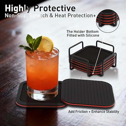 Miniatura 4 de Lexenic Posavasos absorbentes elegantes para bebidas con soporte, tapete de silicona con inserto de fieltro extraíble, antideslizante,