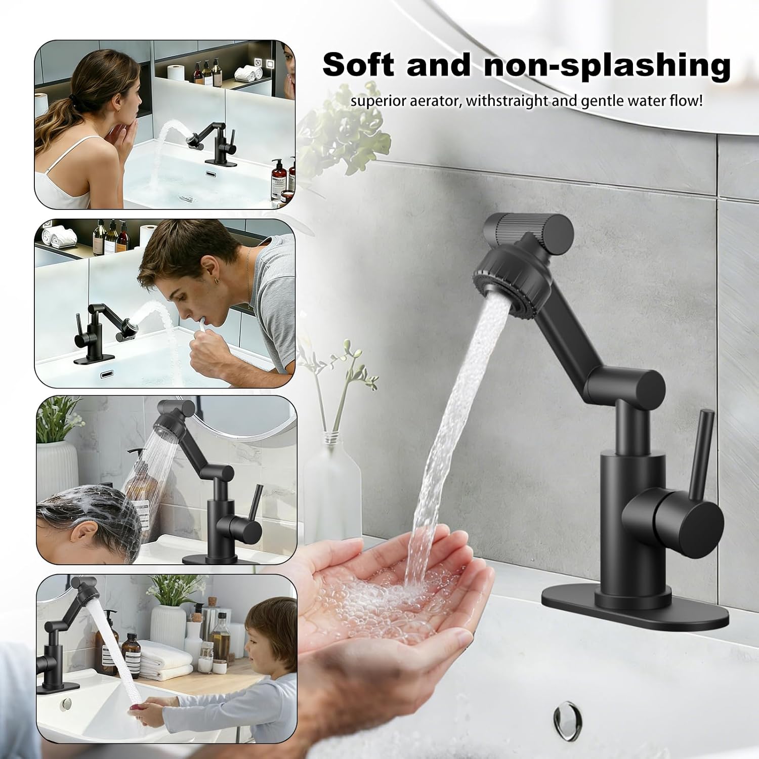 Black1080° Universal Rotatable Bathroom Faucet - Lead-Free Stainless Steel, Height Adjustable, Dual Spray Modes, Single/3-Hole Installation, for Bathroom Sink -Grifo de baño giratorio 1080 grados
