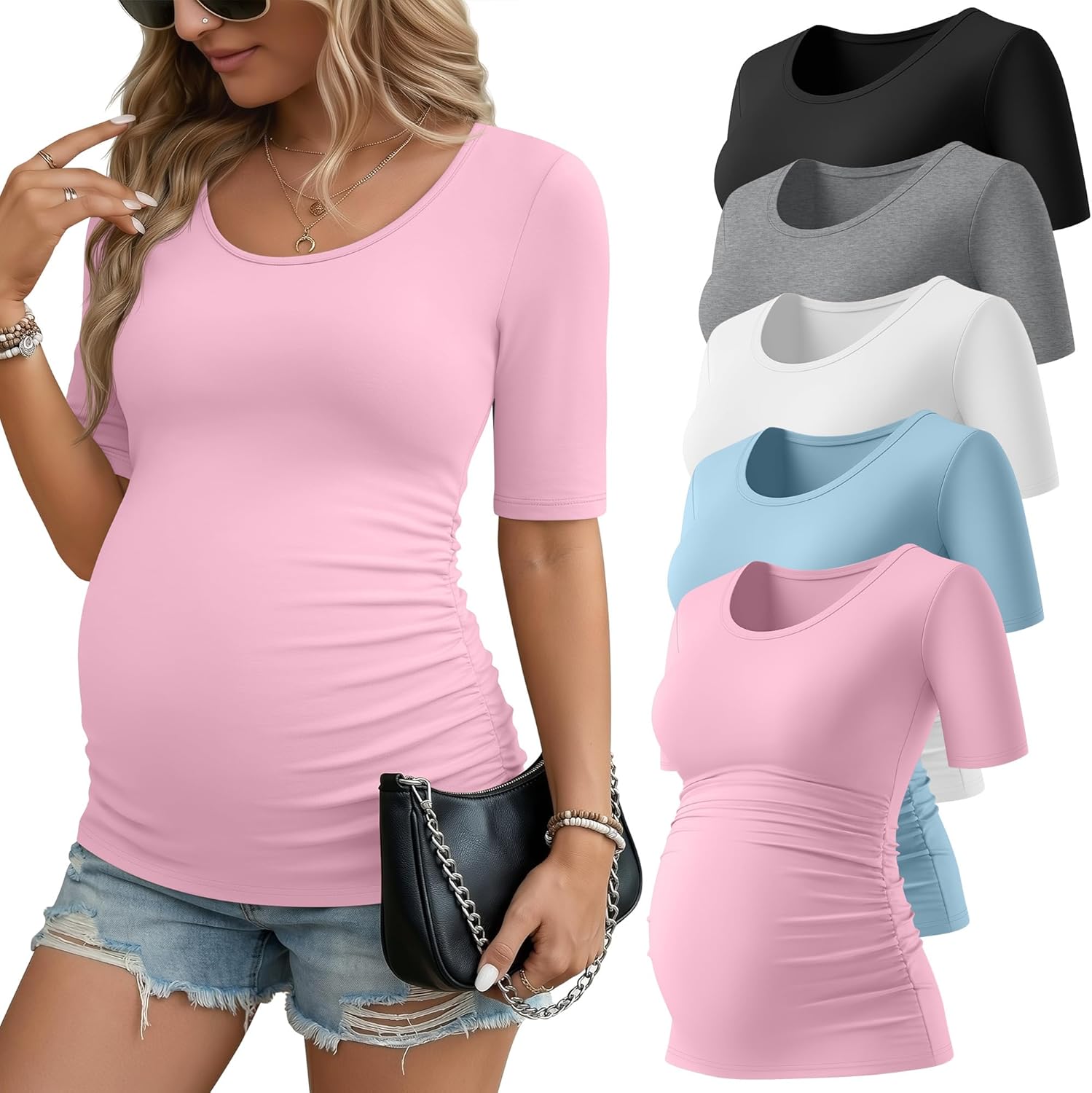 5 Pack Women's Maternity Shirts, Scoop Neck Maternity Top Casual Half Sleeve Tee Side Ruched Pregnancy Clothes