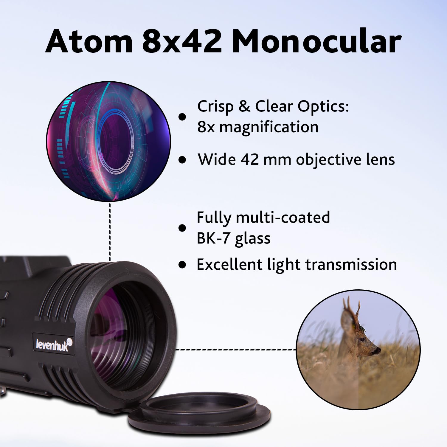 Levenhuk Atom 8x42 Monocular Compacto y Ligero – Catalejo de Bolsillo con Aumento de 8X, Enfoque con Una Sola Mano y Correa de Muñeca, Compatible con Gafas