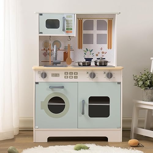 ROBOTIME Juego de cocina para niños pequeños, juego de cocina de madera para niños con luces y sonidos reales, regalo de cocina para niñas y niños a