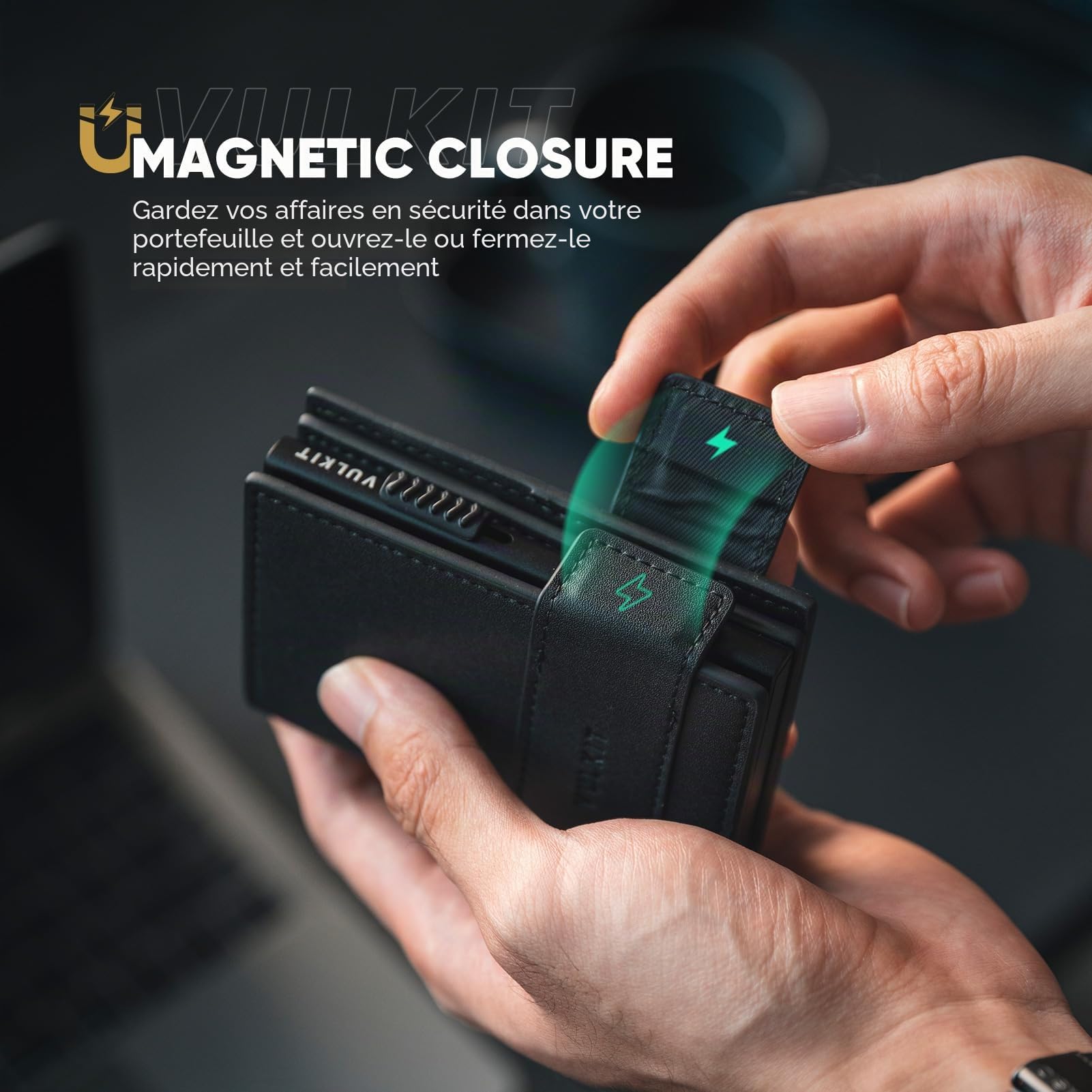 VULKIT Porte-Cartes Portefeuille en Cuir à Deux Volets pour Homme avec Blocage RFID, étui en métal pour Cartes, Peut Contenir 9 Cartes et Billets, Poche zippée pour Pièces de Monnaie (Noir)