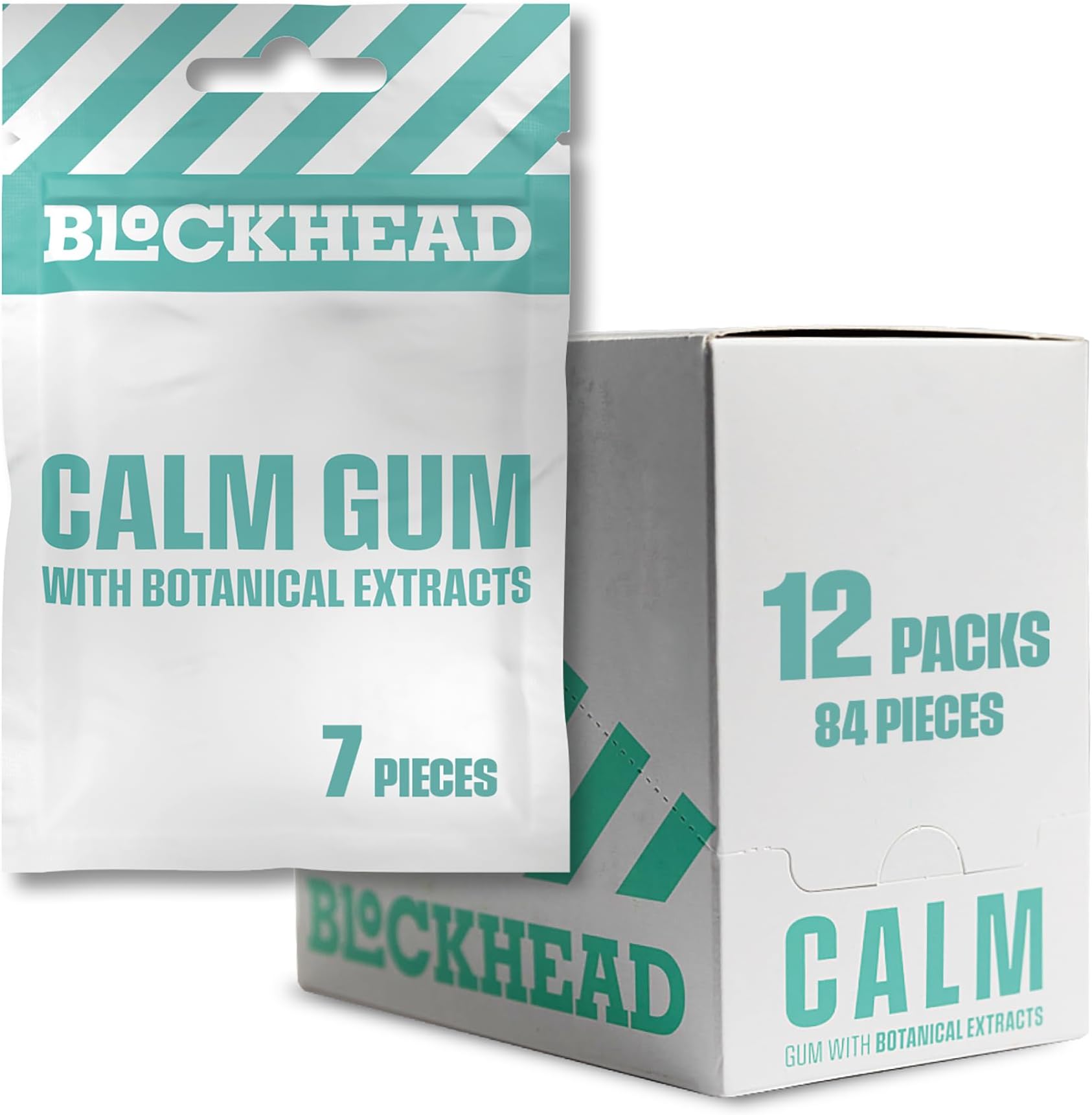 BLOCKHEAD Biodegradable Calm Gum - 12 Packs of 7 Pieces (84 Pieces Total) Botanical Extracts (Hawthorn and Passion Flower Extract), Vitamin B5, Vitamin B6, L-Tryptophan, Spearmint |