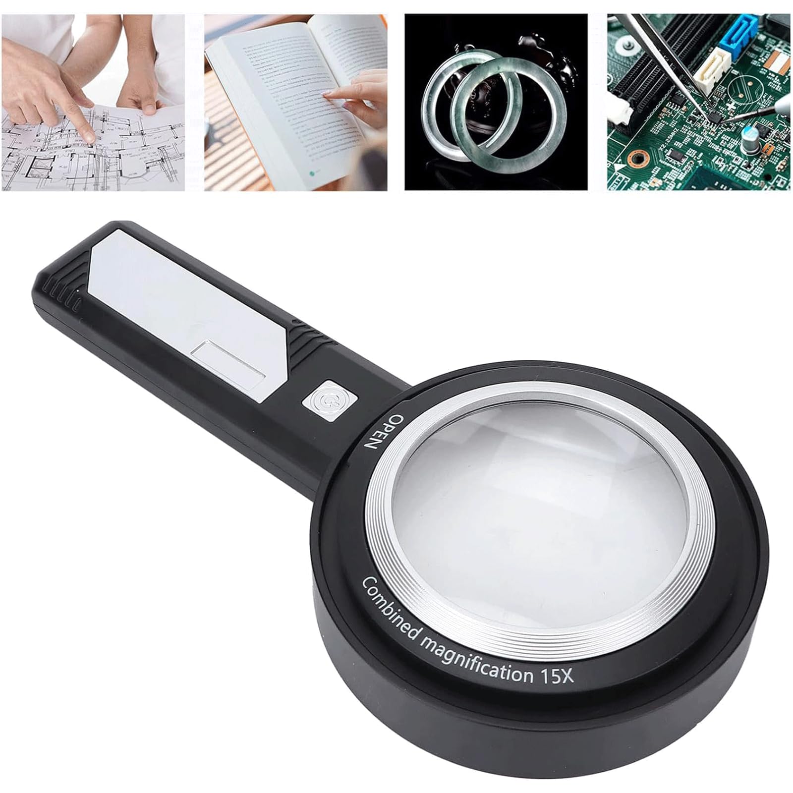 FROON Lupa z podświetleniem LED 15X, przenośna lupa z ładowaniem USB, lupa do czytania, podwójne okulary do kontroli monet i biżuterii do bliskiej pracy