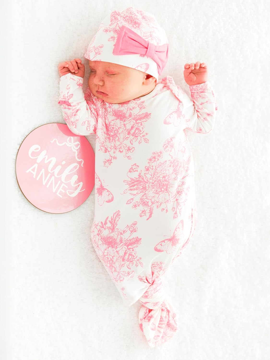 RuffleButts Newborn Baby Girls Ruffle Knotted Sleep Gown & Hat Set - Image 4