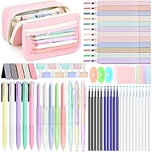 67PCS Aesthetic Stationery Supplies with Pencil Case, 12 Pastel Highlighters, 3 Erasable Pens,5 Multicolor Pen,5 Gel Pen, Stationery Set for Back to School, Pink