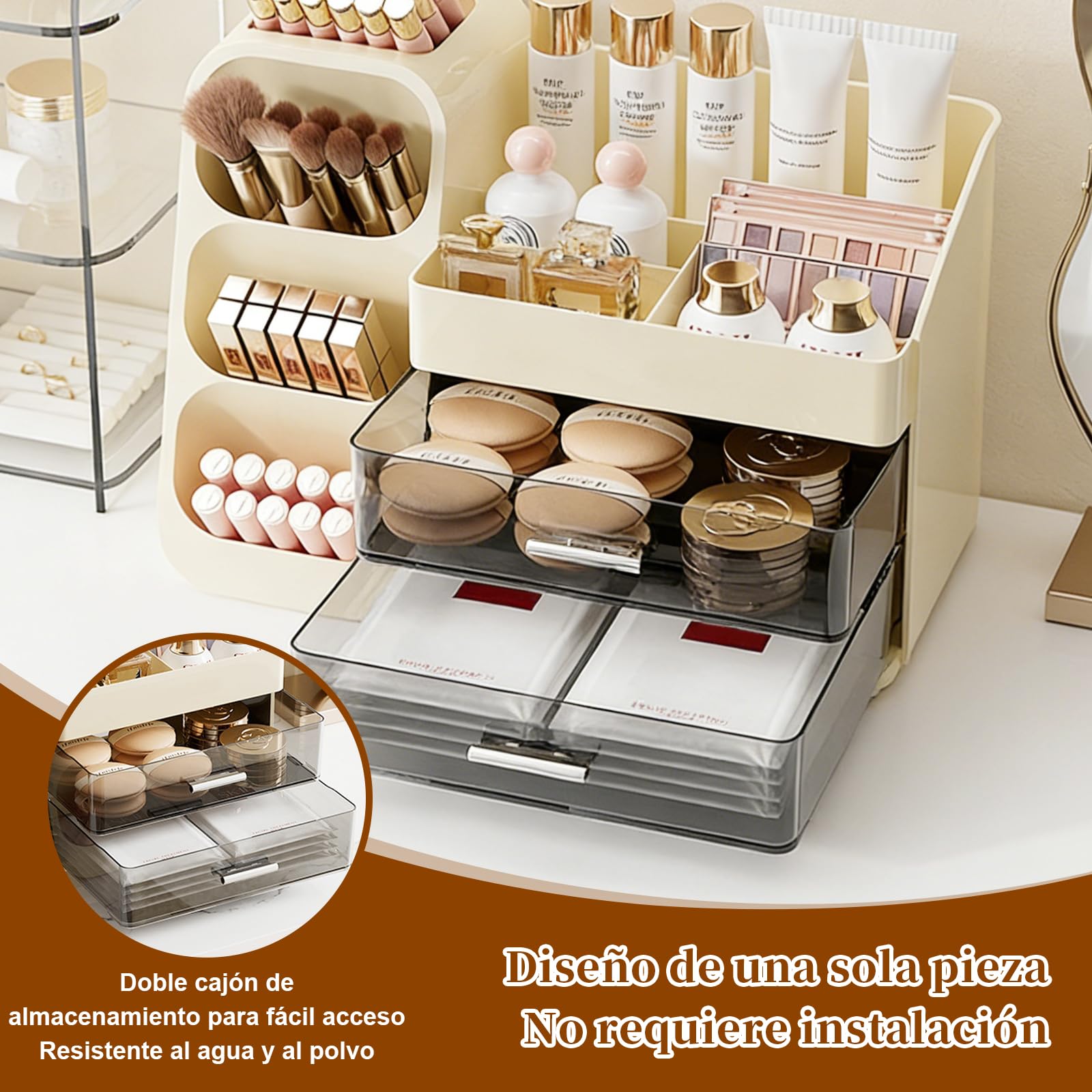 Organizador de Maquillaje para Tocador, Organizador Perfumes y Cremas con Cajones, Gran Capacidad, para Pintalabios Cuidado, Blanco Lechoso